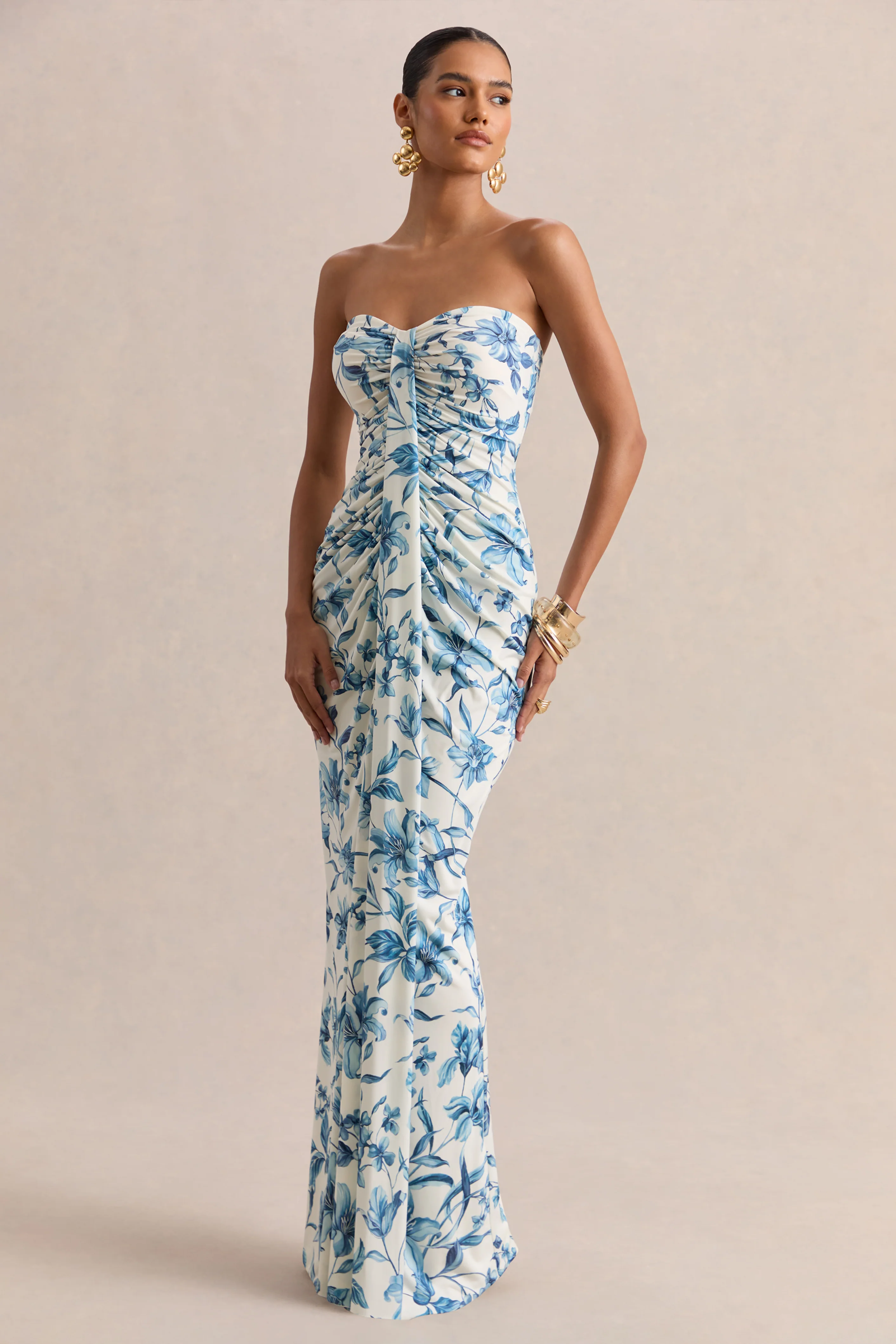 Ali | Blue Porcelain Print Sweetheart Ruched Wrap Maxi Dress - Image 4