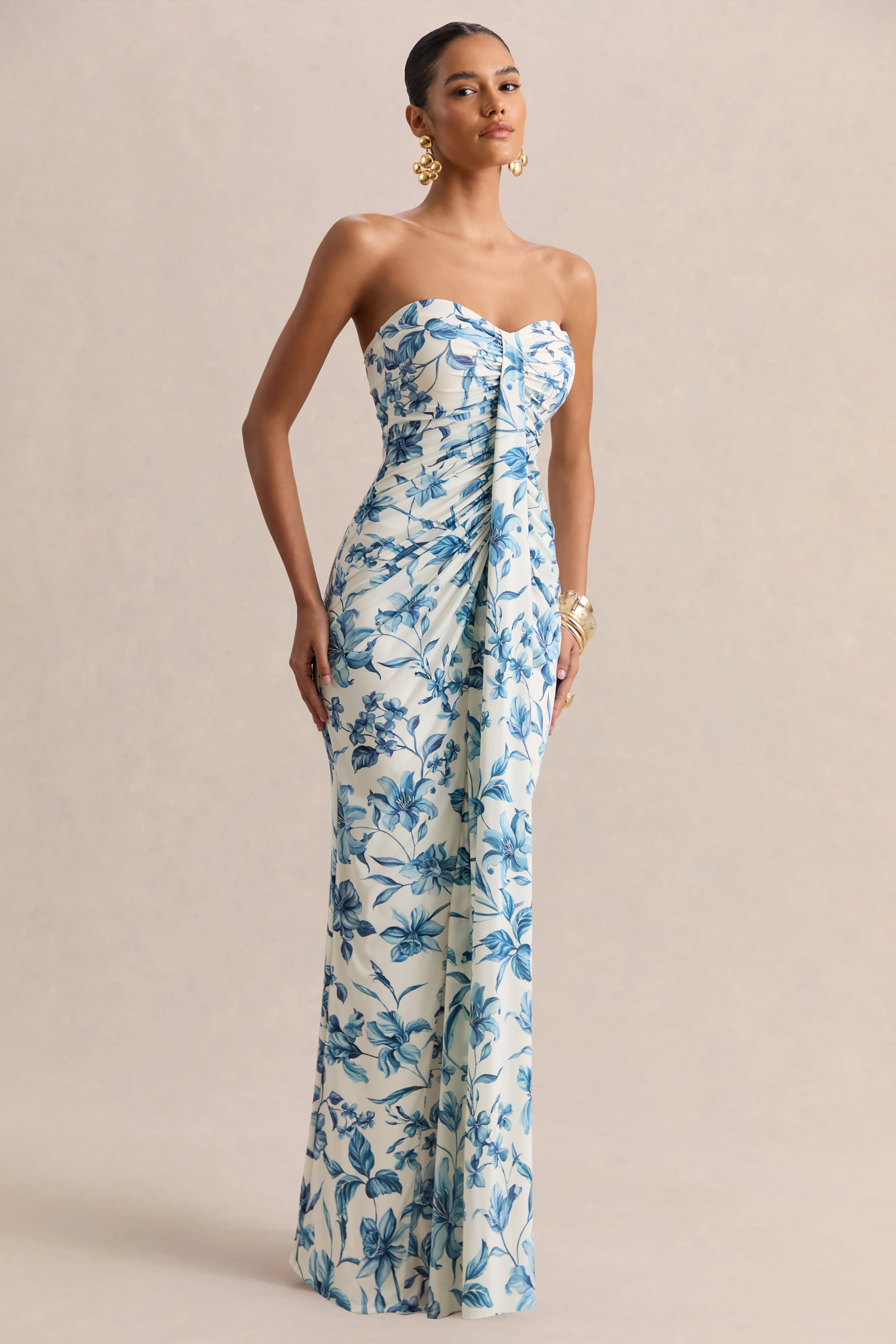 Ali | Blue Porcelain Print Sweetheart Ruched Wrap Maxi Dress - Image 5