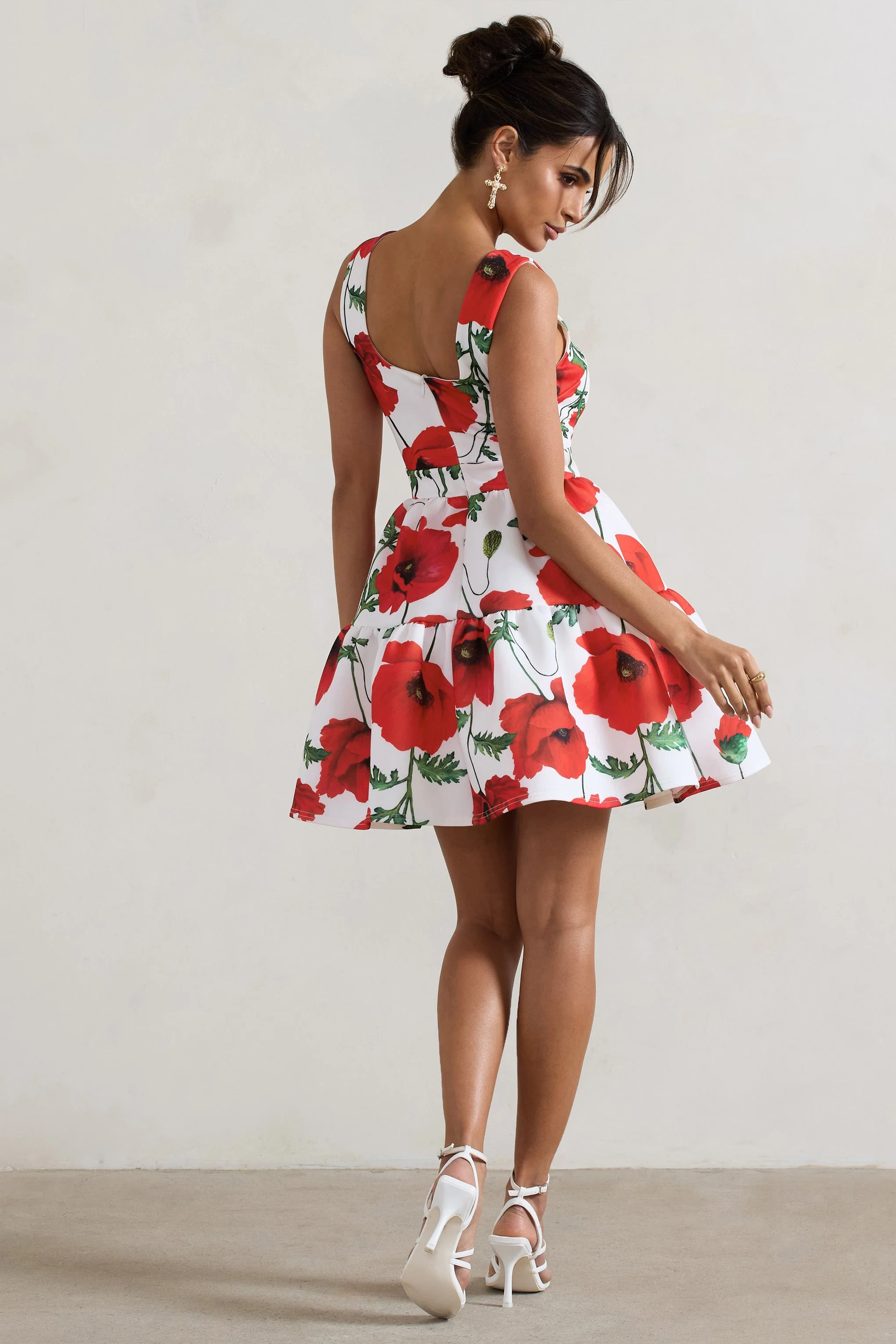 Alia | Poppy Print Scoop-Neck Tiered Volume Hem Mini Dress - Image 2