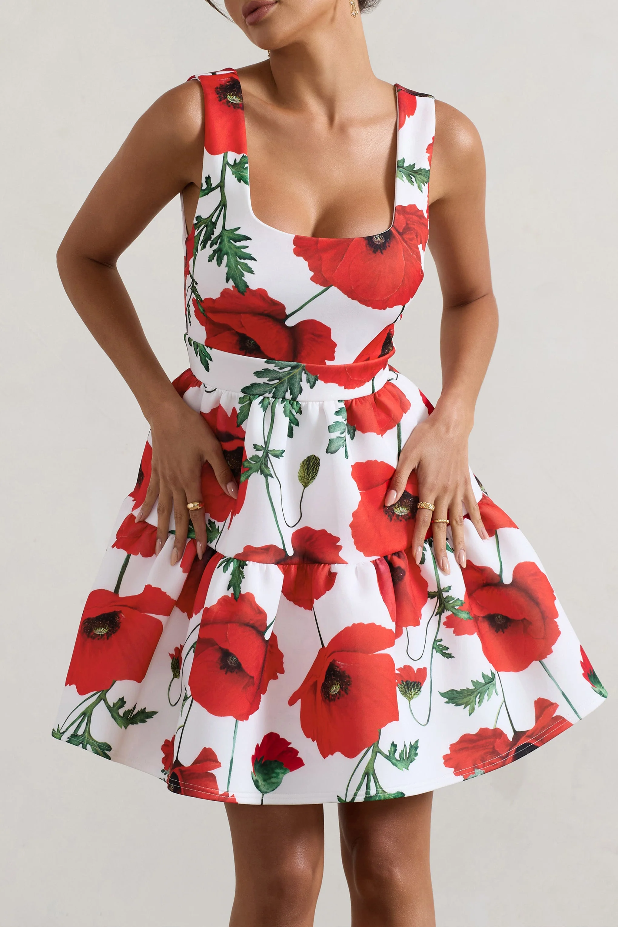 Alia | Poppy Print Scoop-Neck Tiered Volume Hem Mini Dress - Image 3