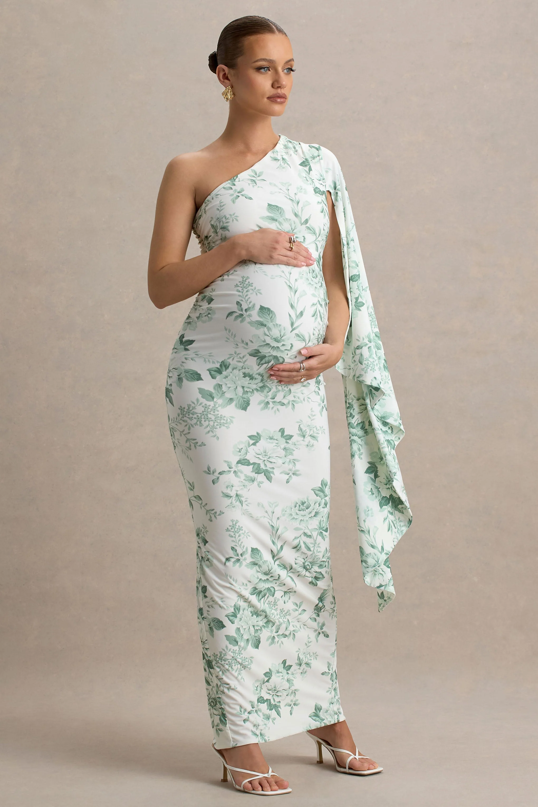 Aliana | Green Porcelain Print Asymmetric Maternity Maxi Dress With Ruched Detailing - Image 5