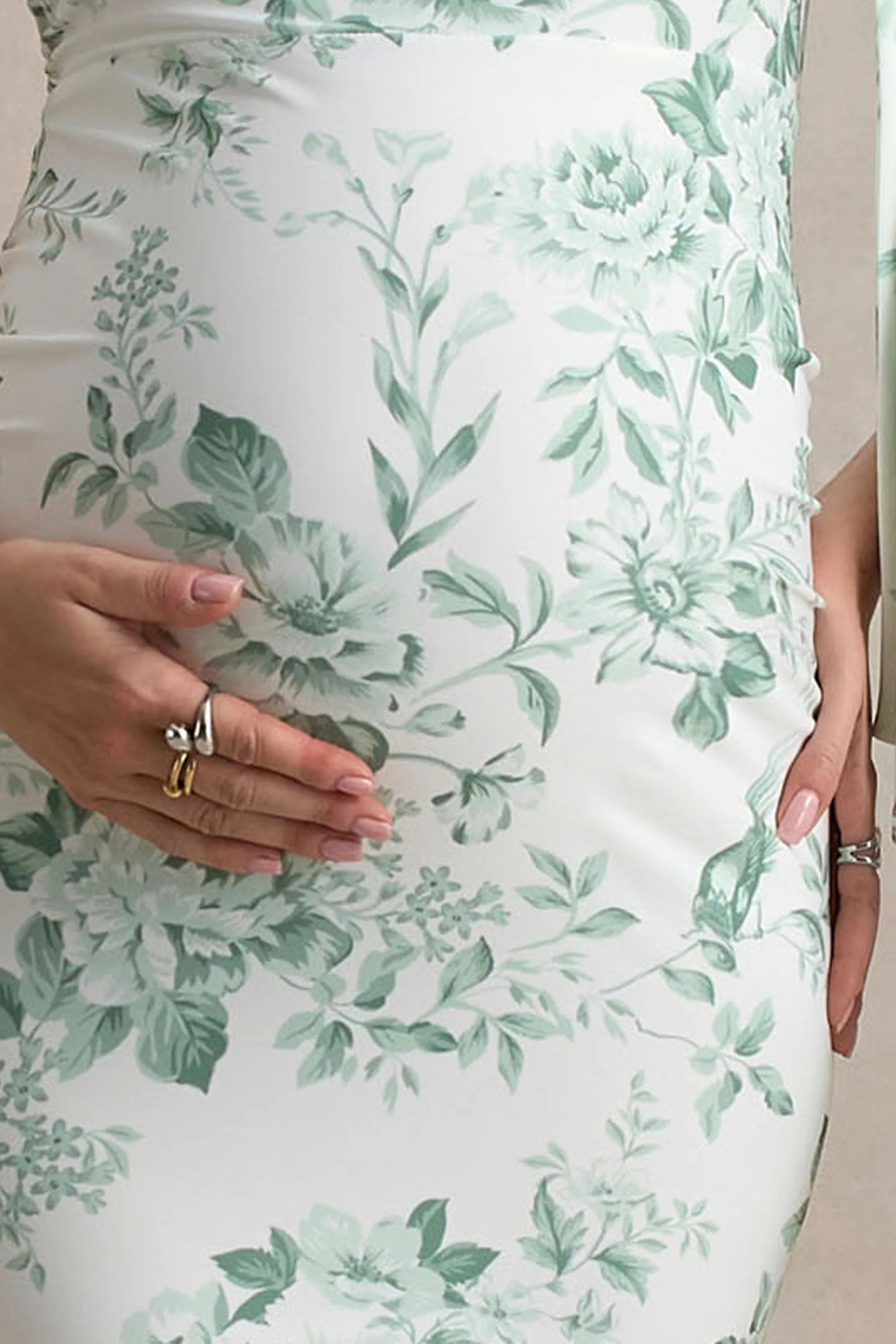 Aliana | Green Porcelain Print Asymmetric Maternity Maxi Dress With Ruched Detailing - Image 6
