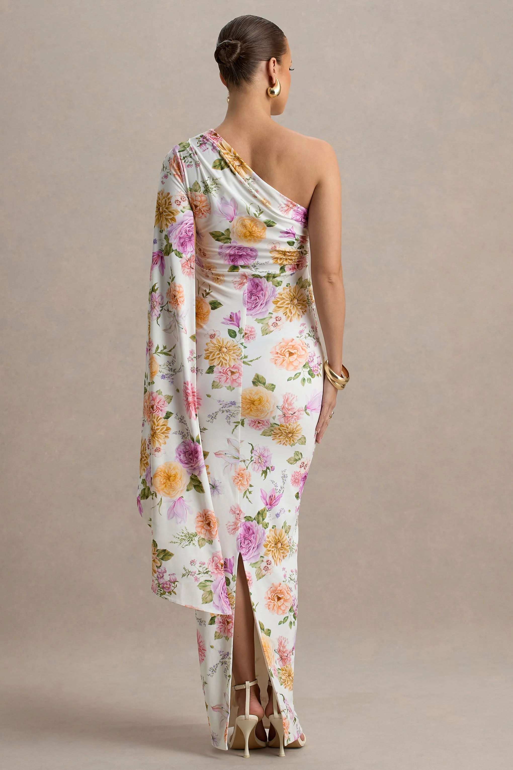 Aliana | Peach And Lilac Floral Print Asymmetric Maternity Maxi Dress With Ruched Detailing - Image 2