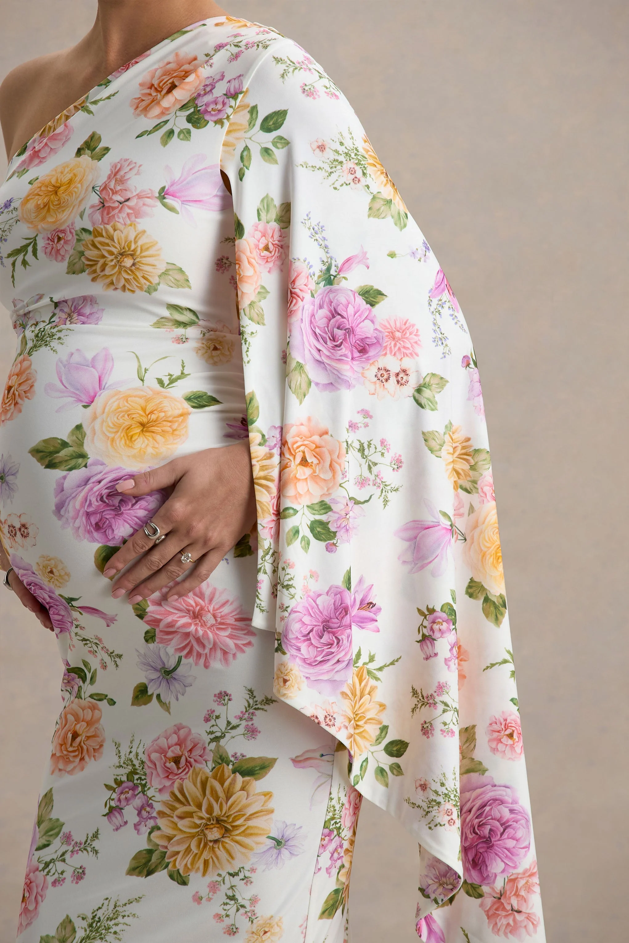 Aliana | Peach And Lilac Floral Print Asymmetric Maternity Maxi Dress With Ruched Detailing - Image 3