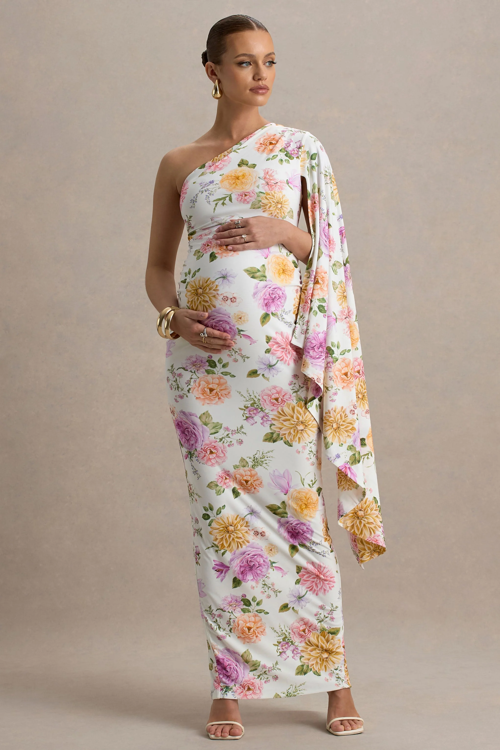 Aliana | Peach And Lilac Floral Print Asymmetric Maternity Maxi Dress With Ruched Detailing - Image 4