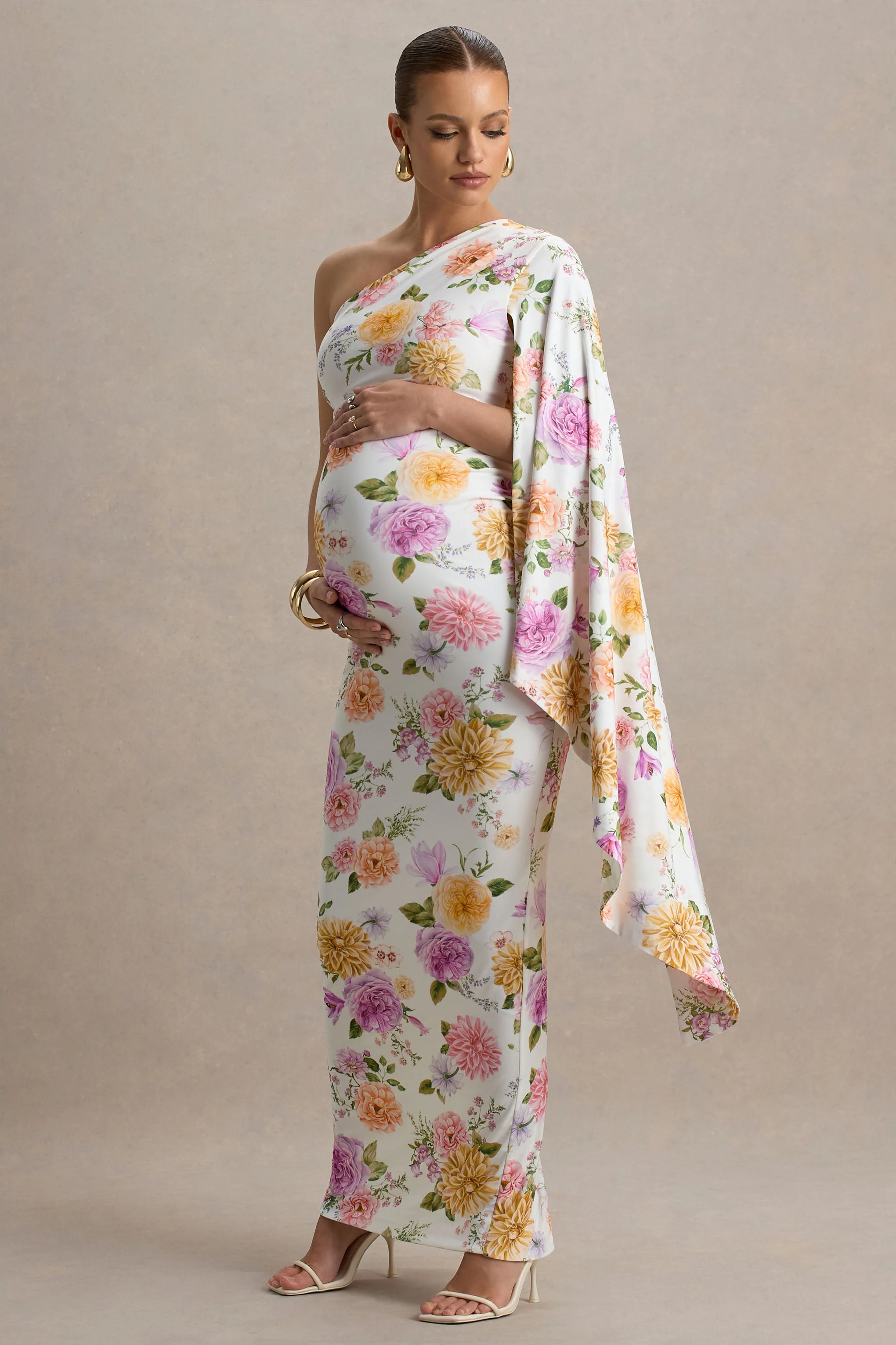 Aliana | Peach And Lilac Floral Print Asymmetric Maternity Maxi Dress With Ruched Detailing - Image 5