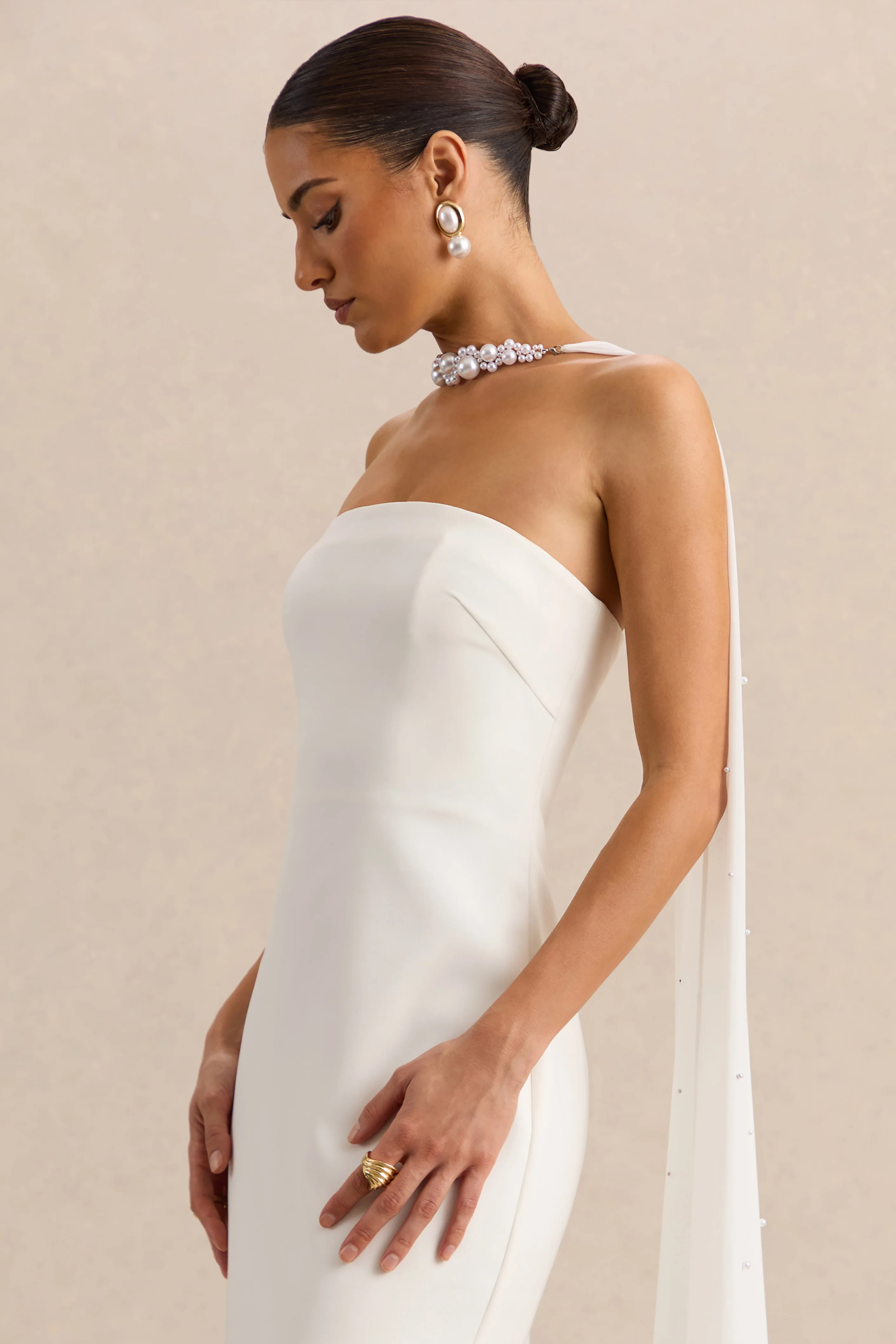 Alina | White Bandeau Maxi-Dress With Cape - Image 3