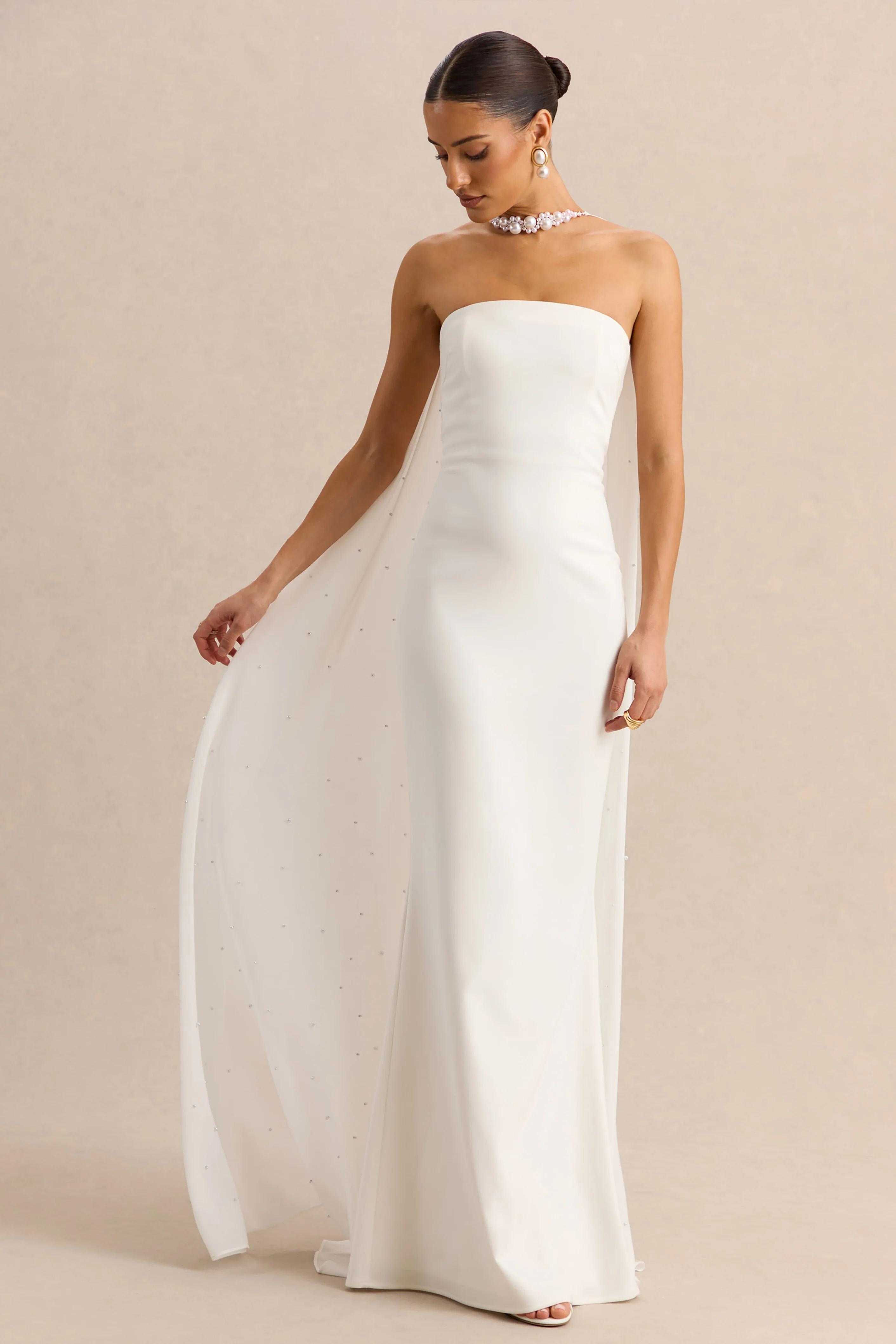 Alina | White Bandeau Maxi-Dress With Cape - Image 4