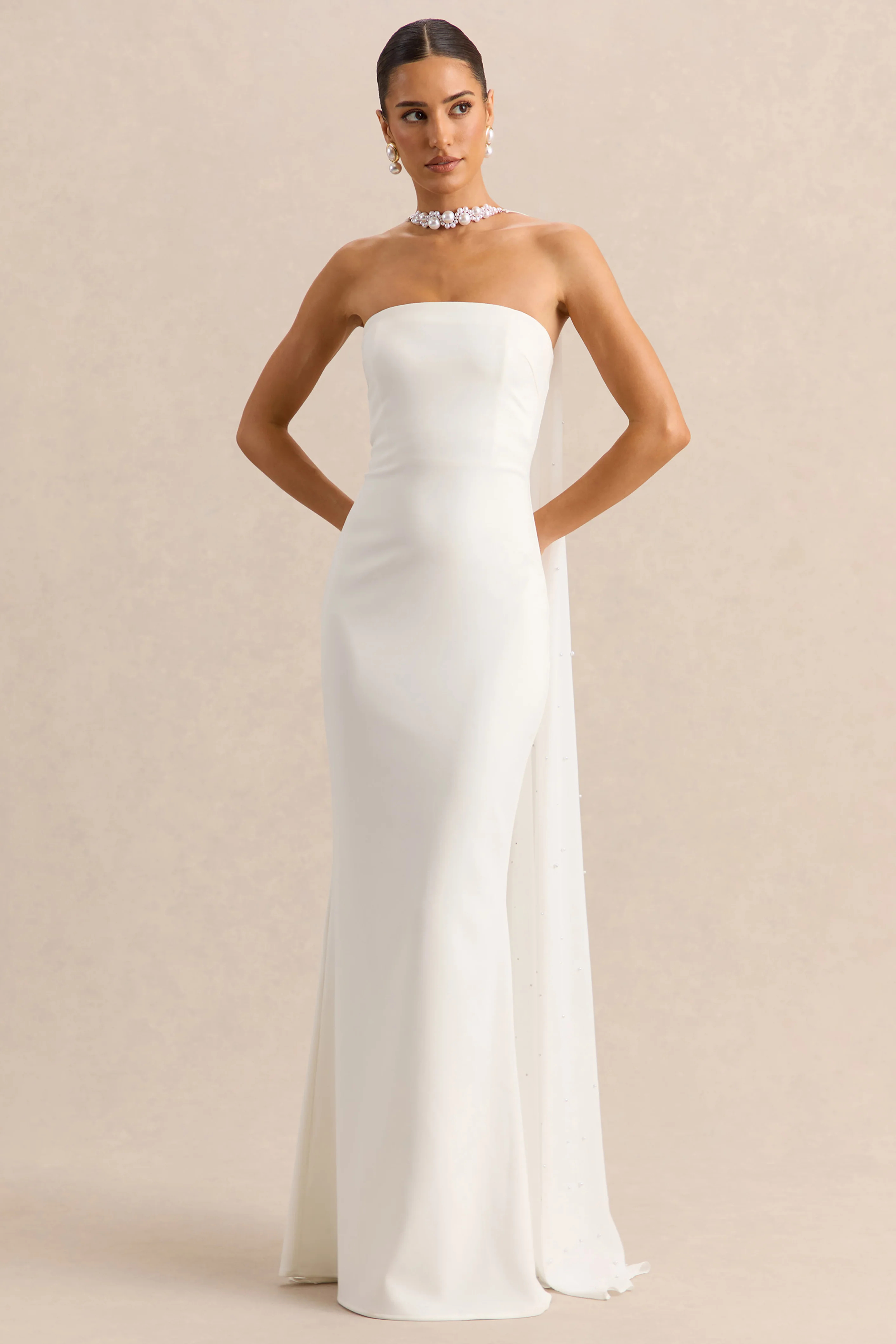 Alina | White Bandeau Maxi-Dress With Cape - Image 5