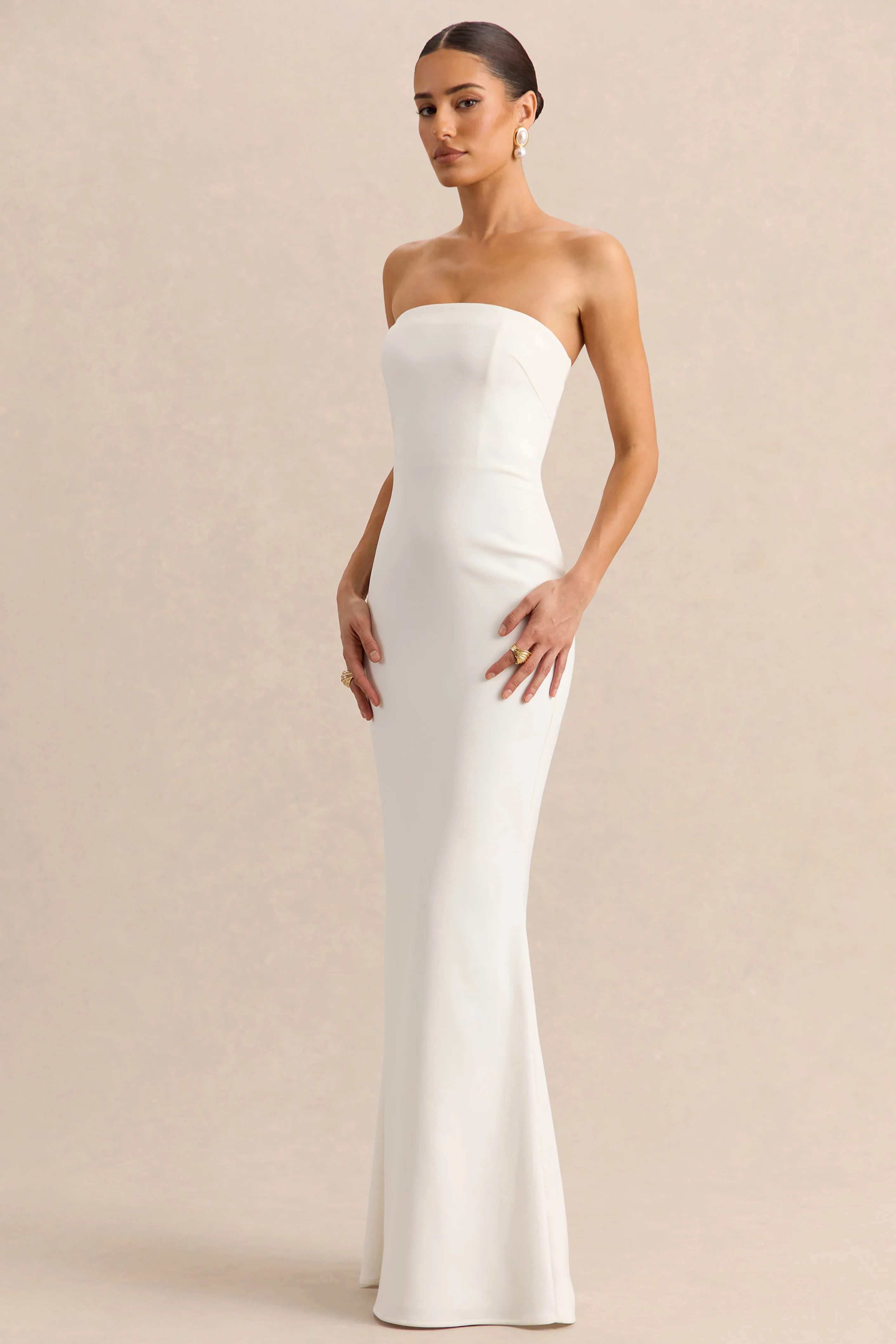Alina | White Bandeau Maxi-Dress With Cape - Image 6