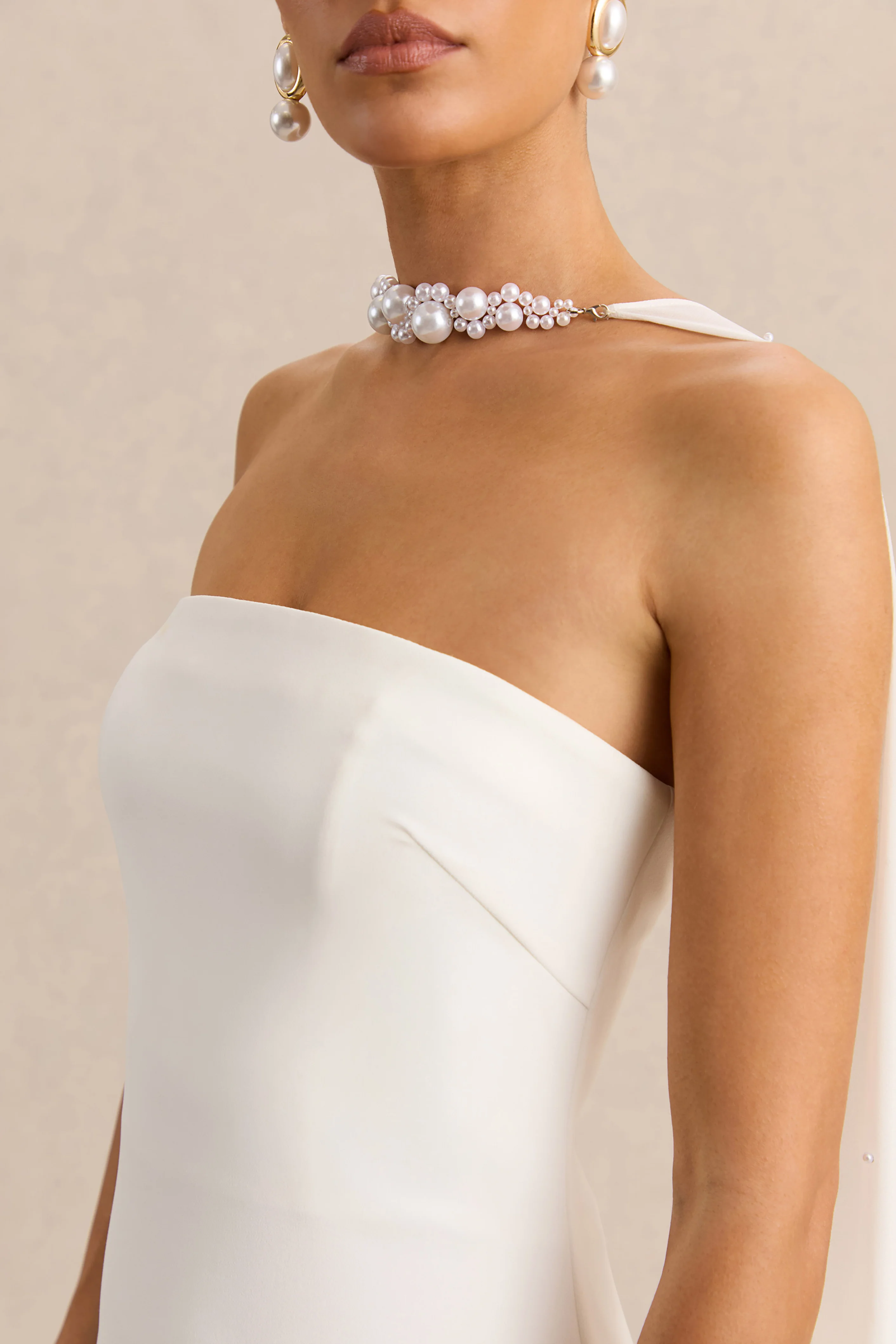 Alina | White Bandeau Maxi-Dress With Cape - Image 9