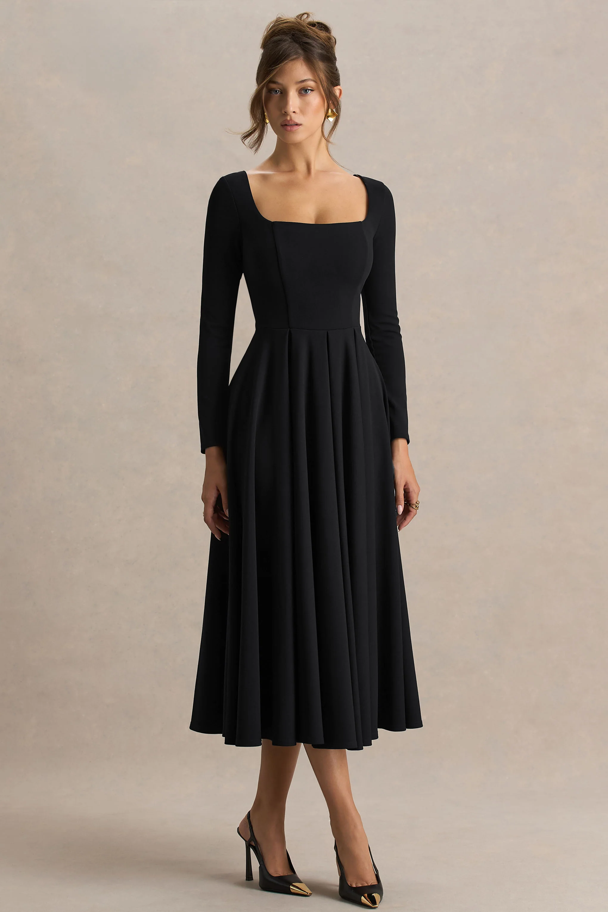 Alison | Black Square-Neck A-Line Midi Dress - Image 5