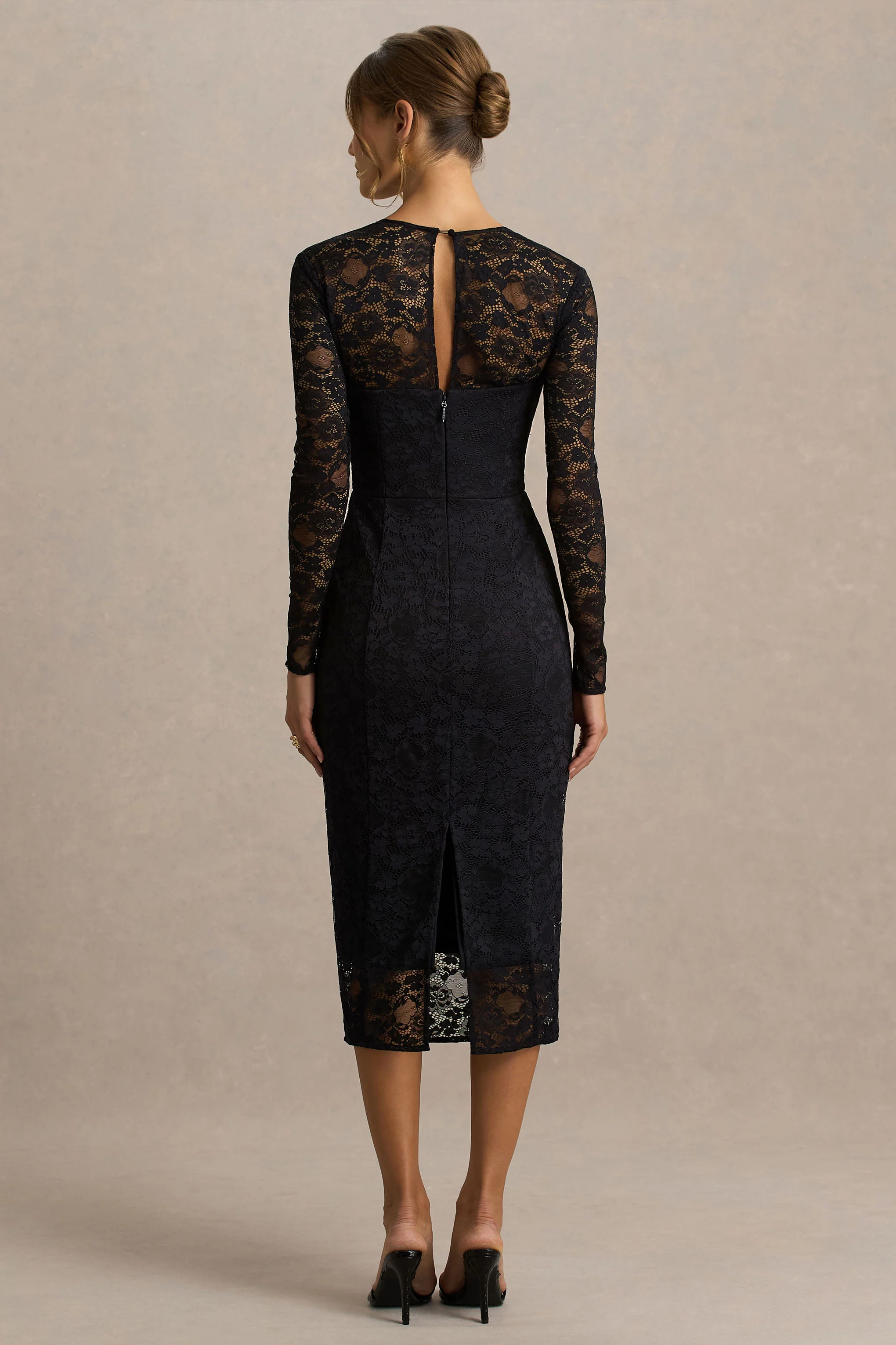 Alissa | Black Lace Square-Neck Midi Dress - Image 2