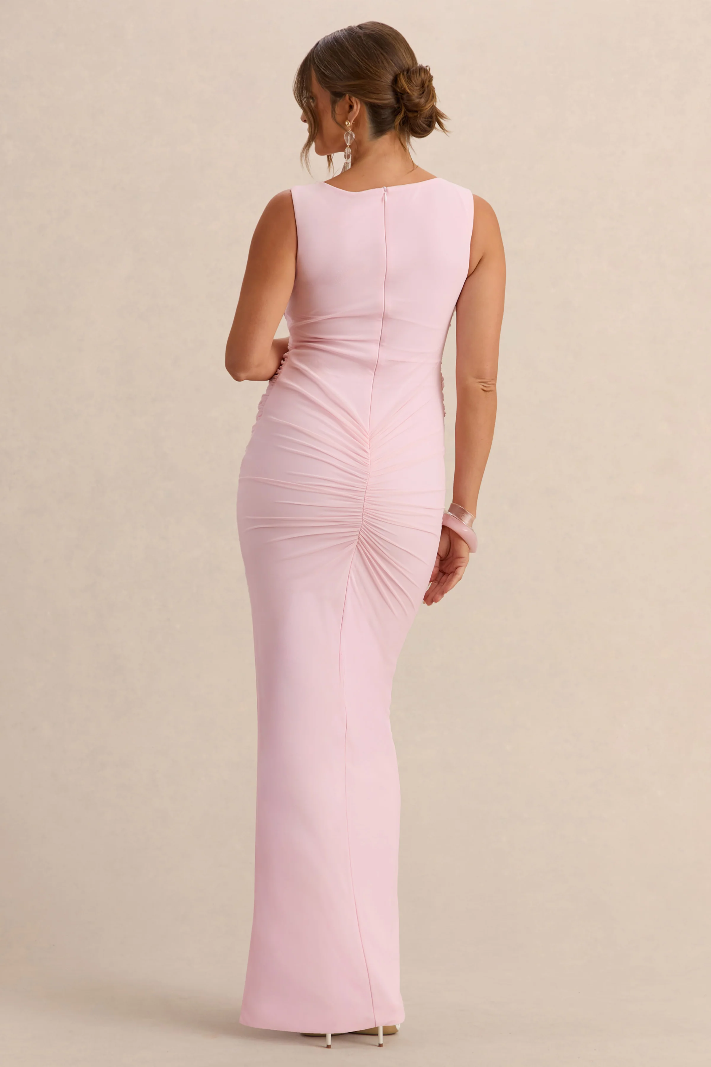 Alitha | Light Pink Round-Neck Maternity Maxi Dress With Ruched Detailing And Front Split - Image 2