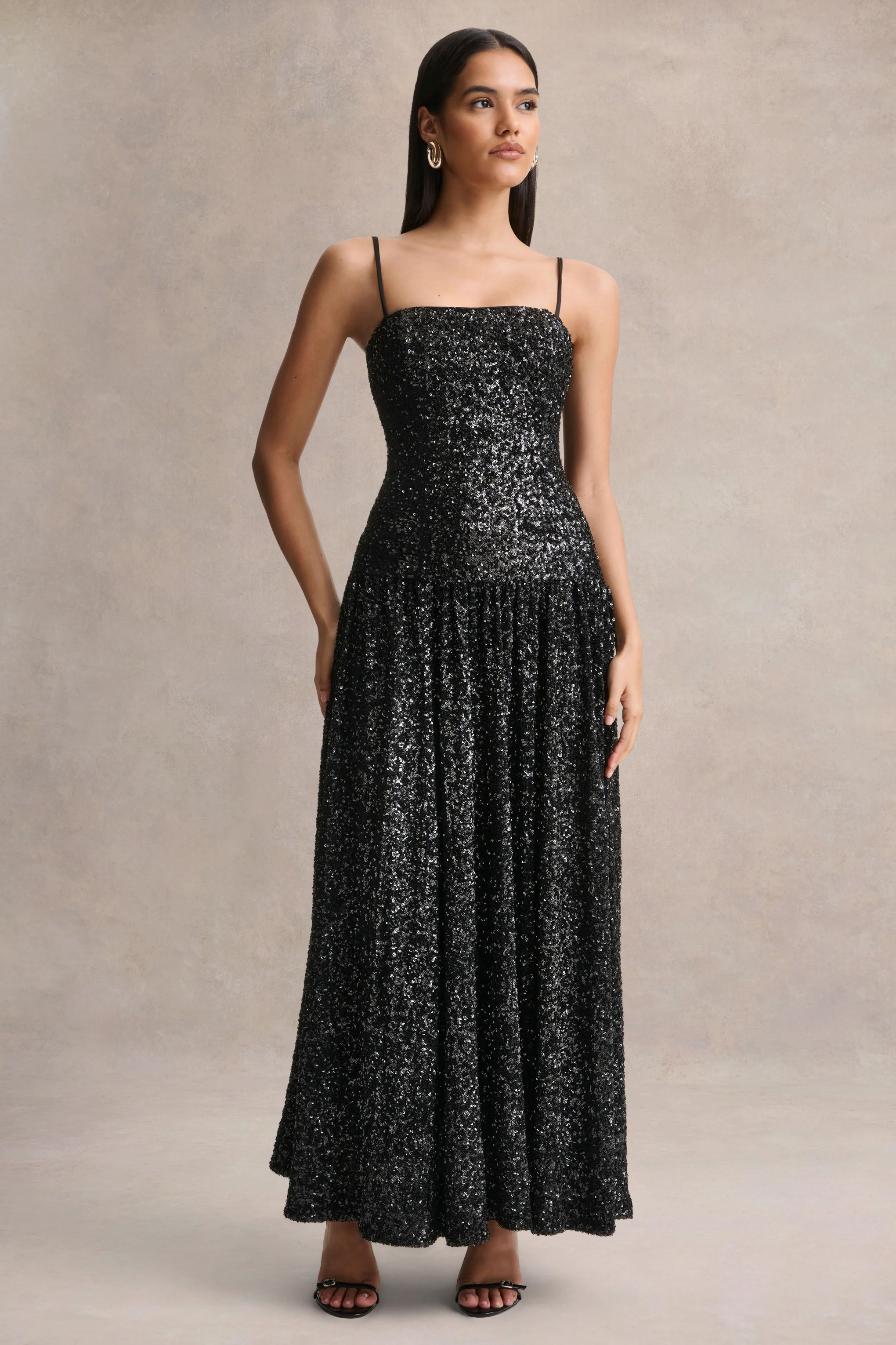Allora | Black Sequin Square-Neck Maxi Dress With Pleated Skirt - Image 4