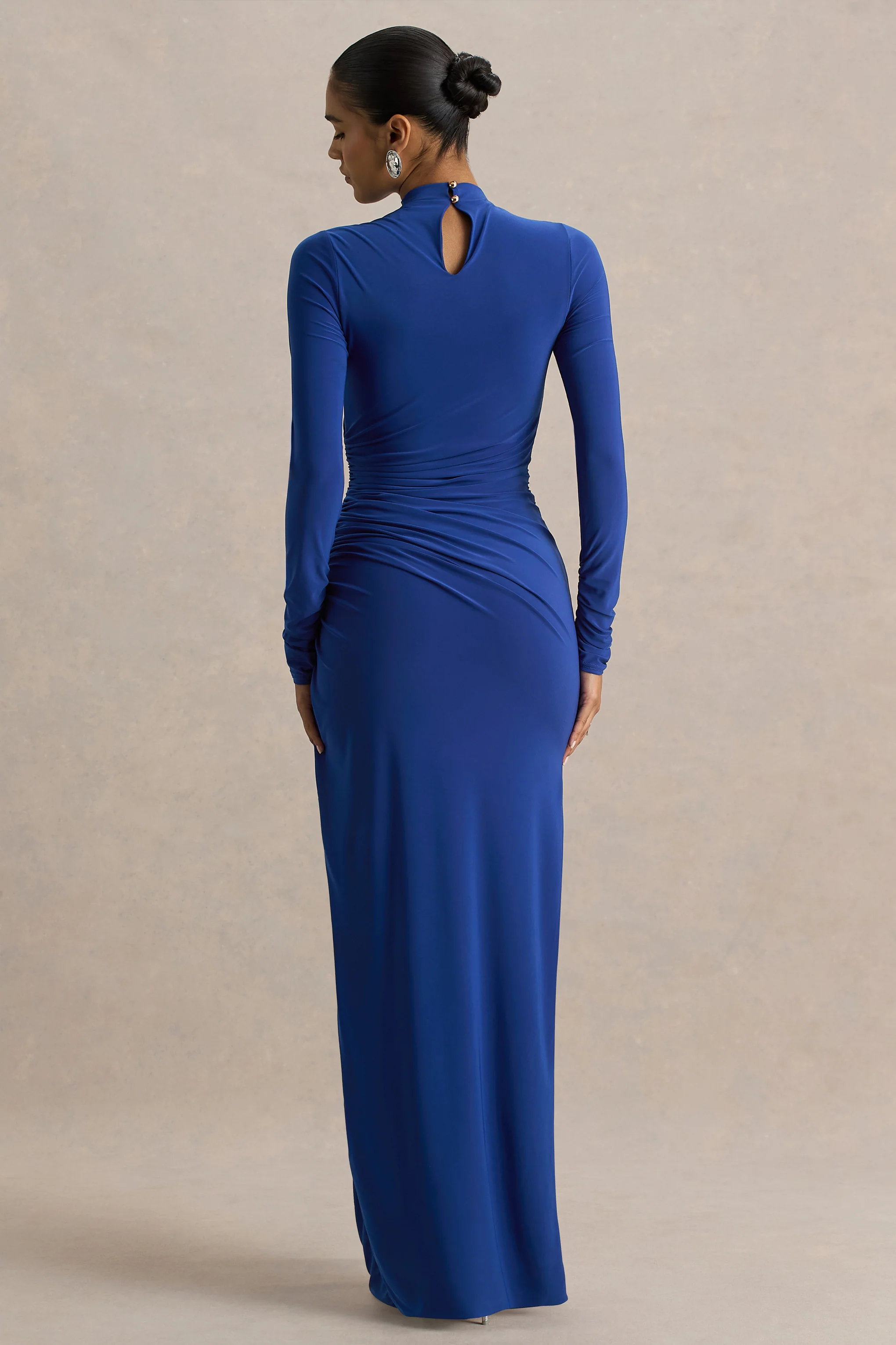 Alluring | Blue High Neck Maxi Dress With Ruched Detailing - Image 2