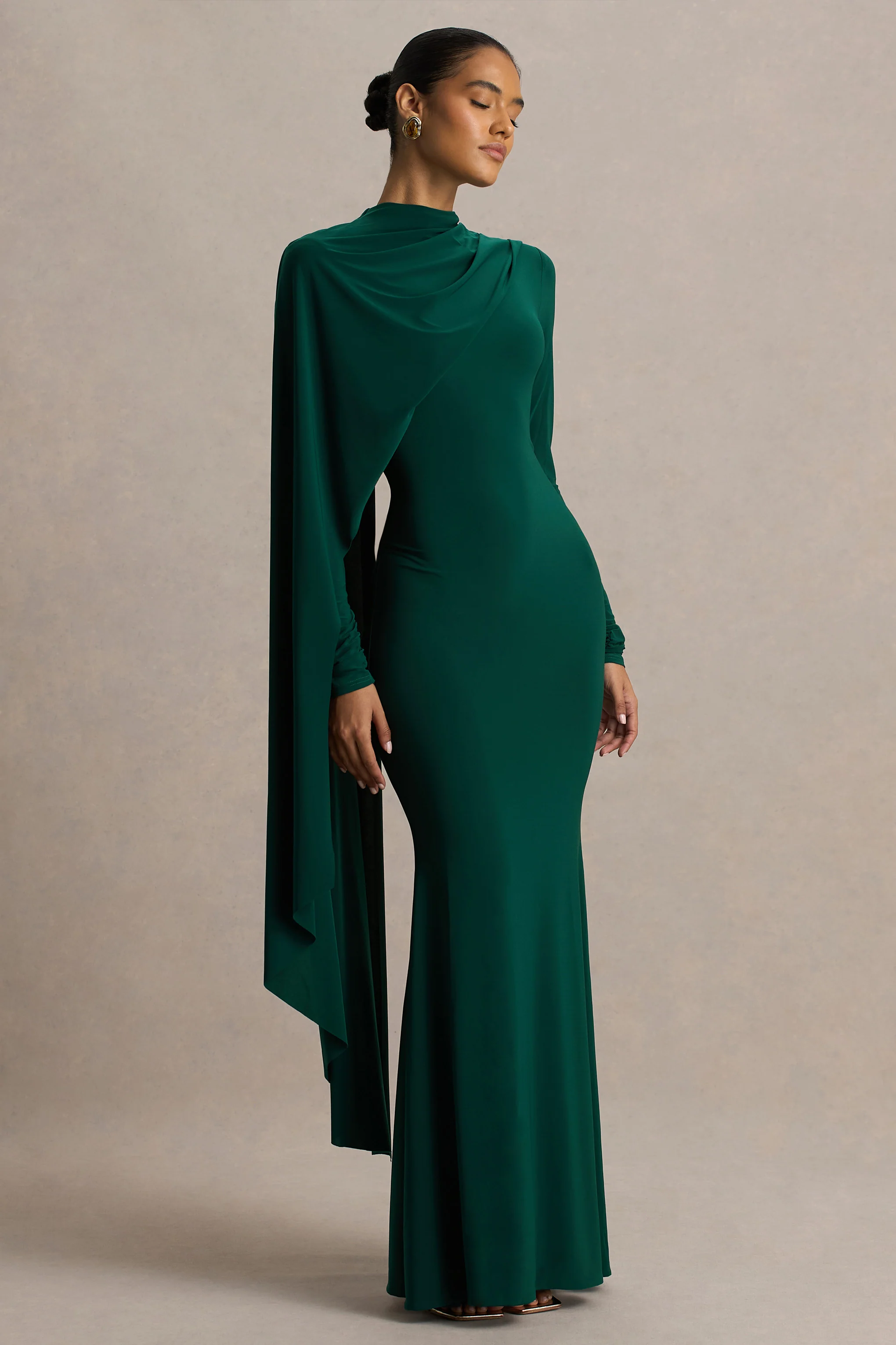 Always | Bottle Green High-Neck Maxi Dress With Cape Sleeve Detail - Image 5