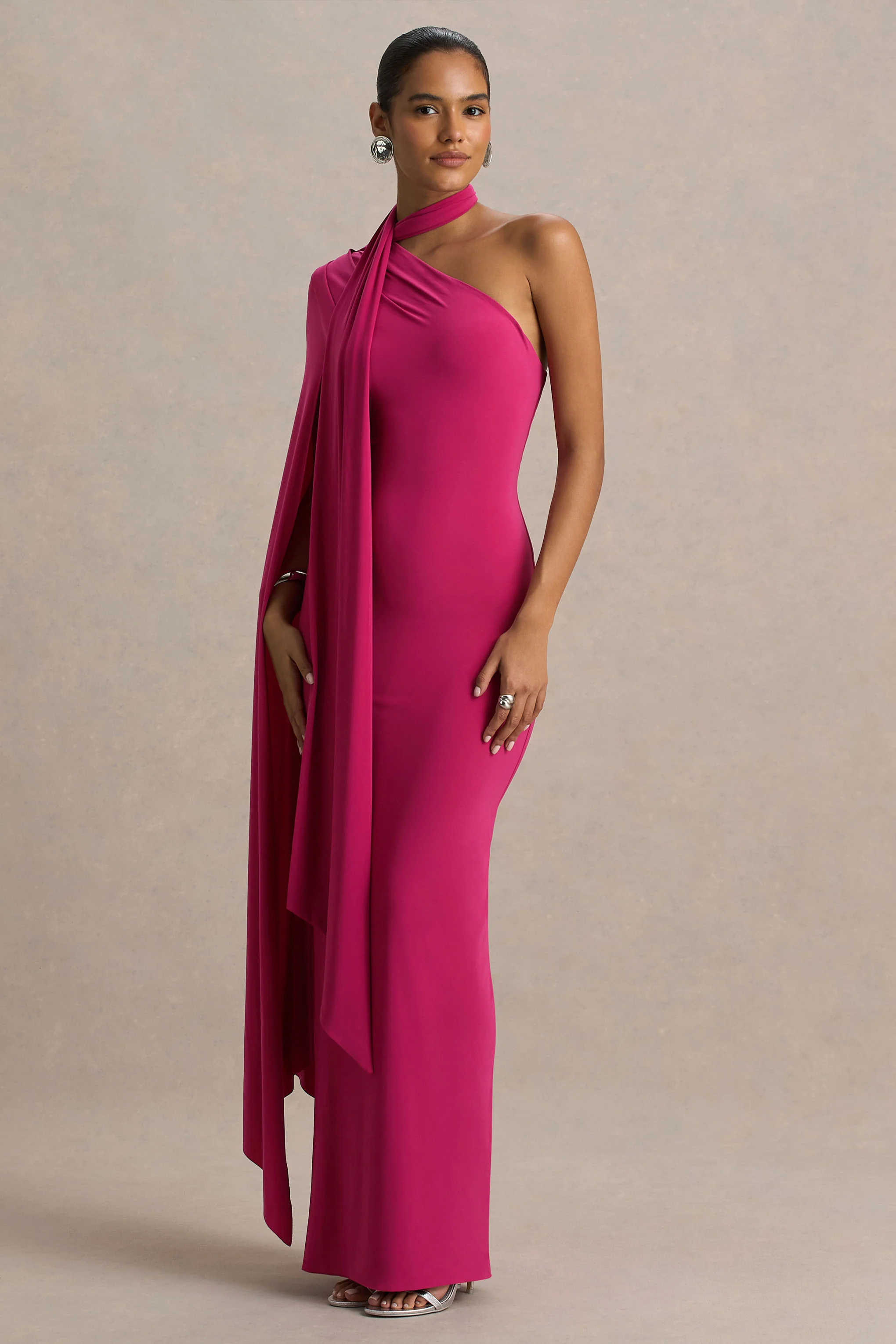 Amal | Hot Pink Asymmetric-Neck Maxi Dress With Scarf and Cape Detail - Image 3