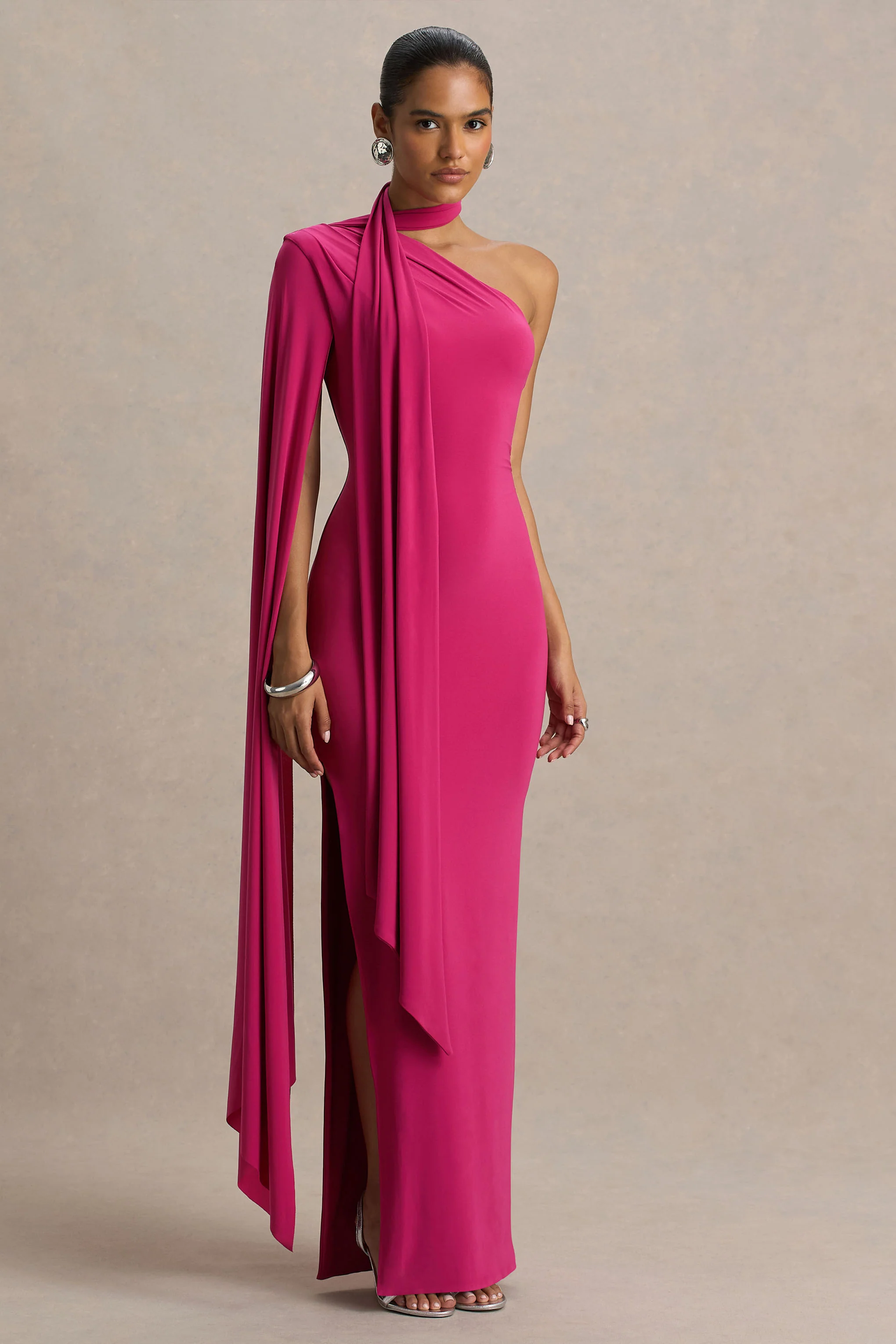 Amal | Hot Pink Asymmetric-Neck Maxi Dress With Scarf and Cape Detail - Image 5