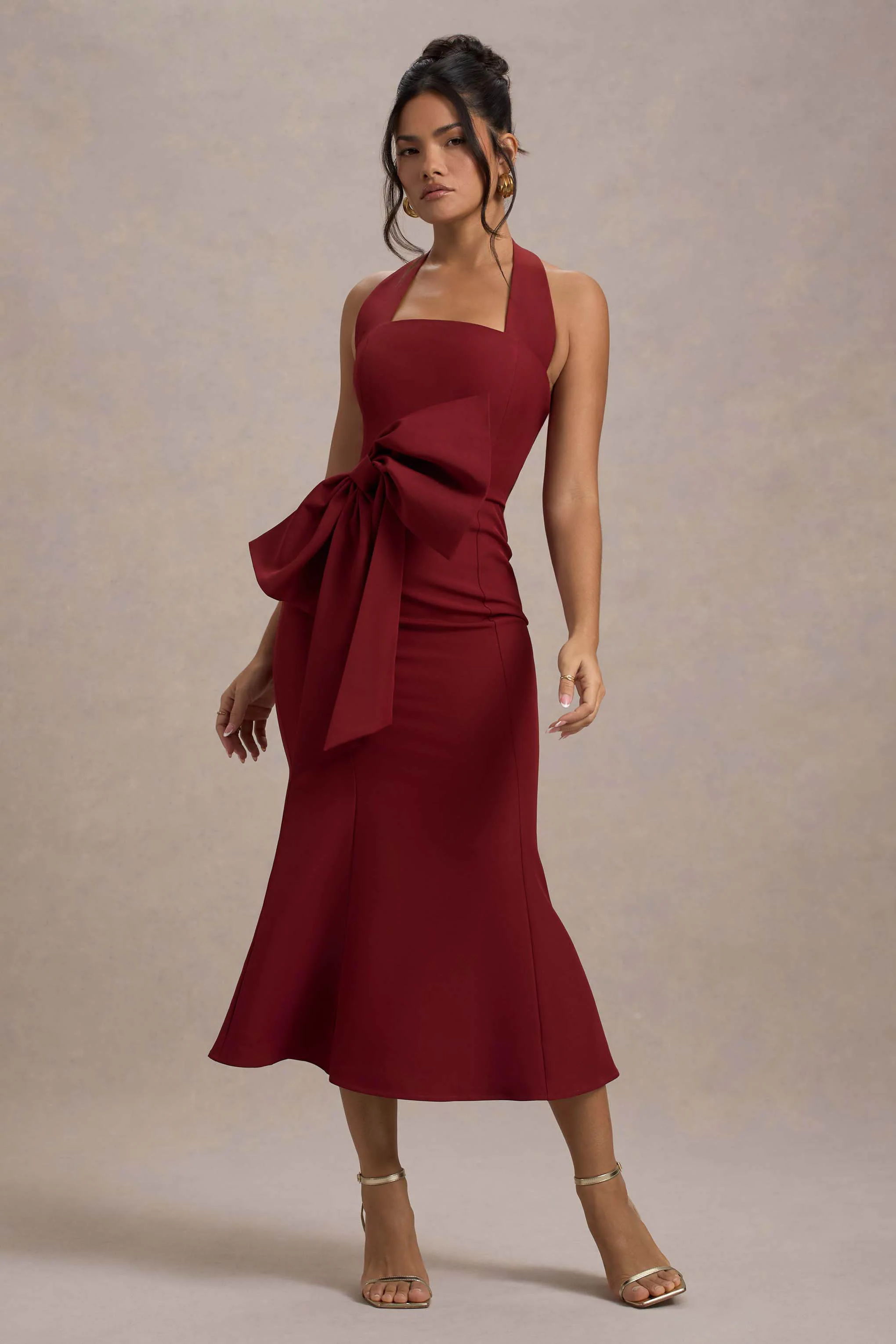 Aman | Berry Halter-Neck Midi Dress With Oversized Bow - Image 3