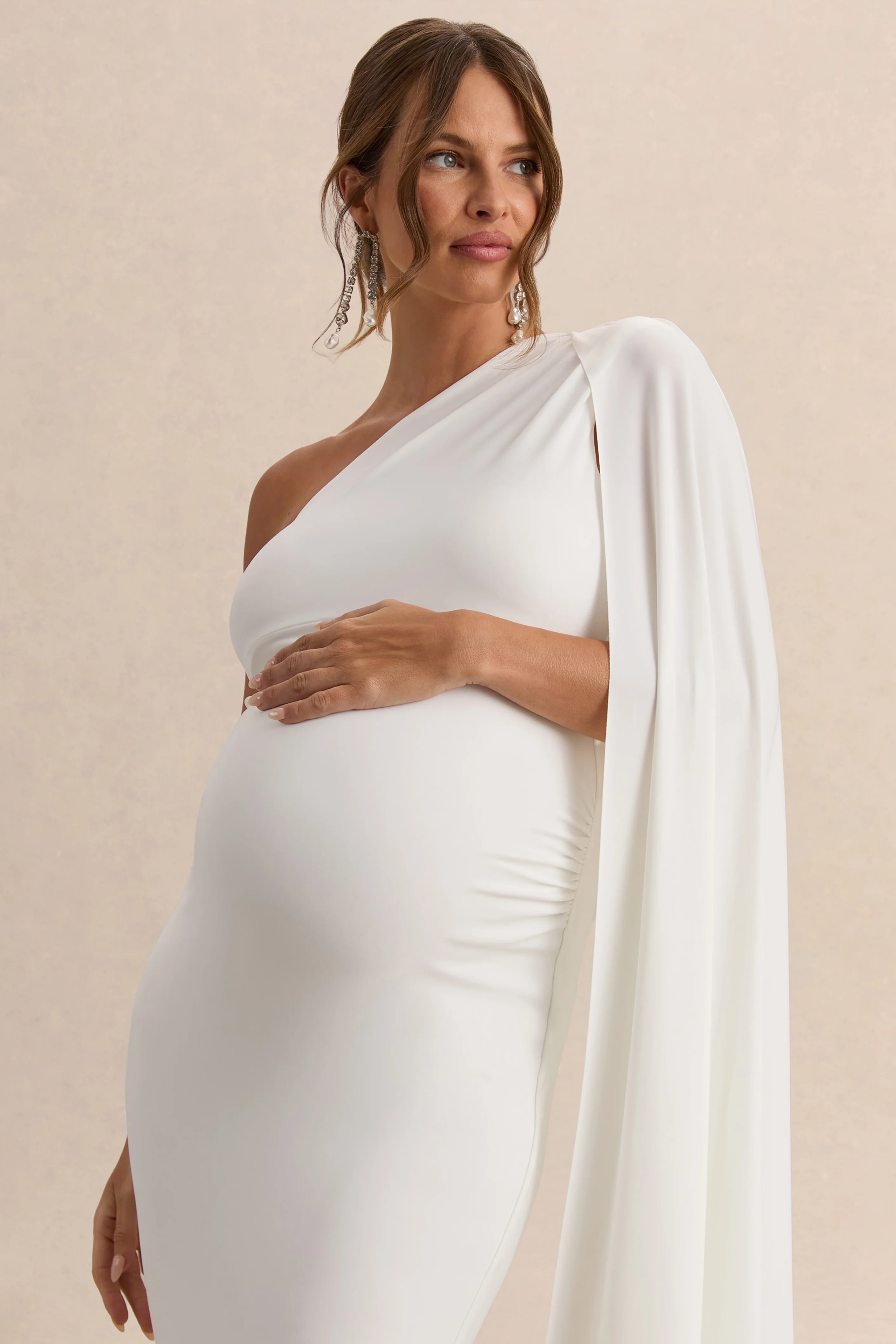 Amaryllis | White Maternity One Shoulder Maxi Dress with Cape Sleeve - Image 3