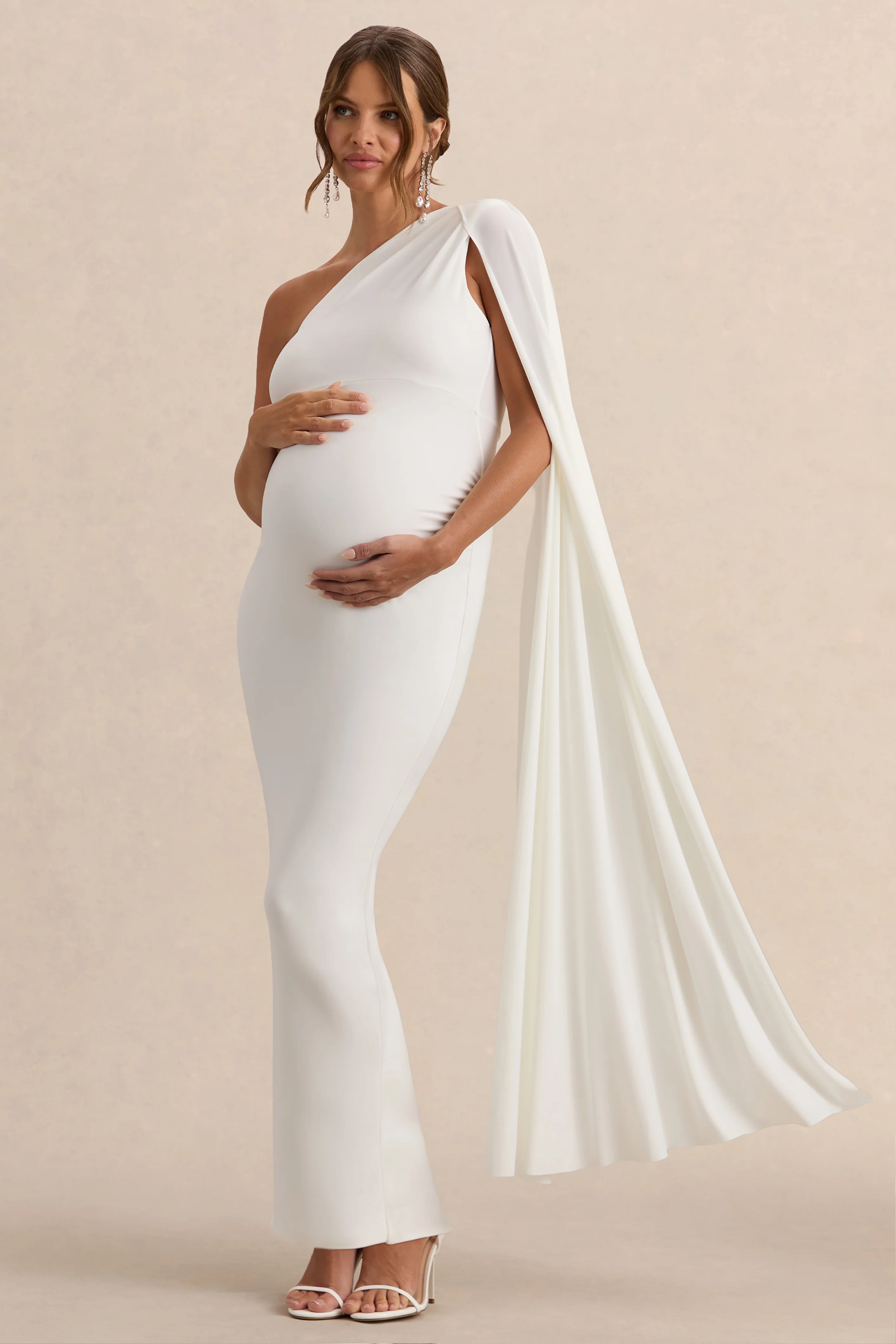 Amaryllis | White Maternity One Shoulder Maxi Dress with Cape Sleeve - Image 4