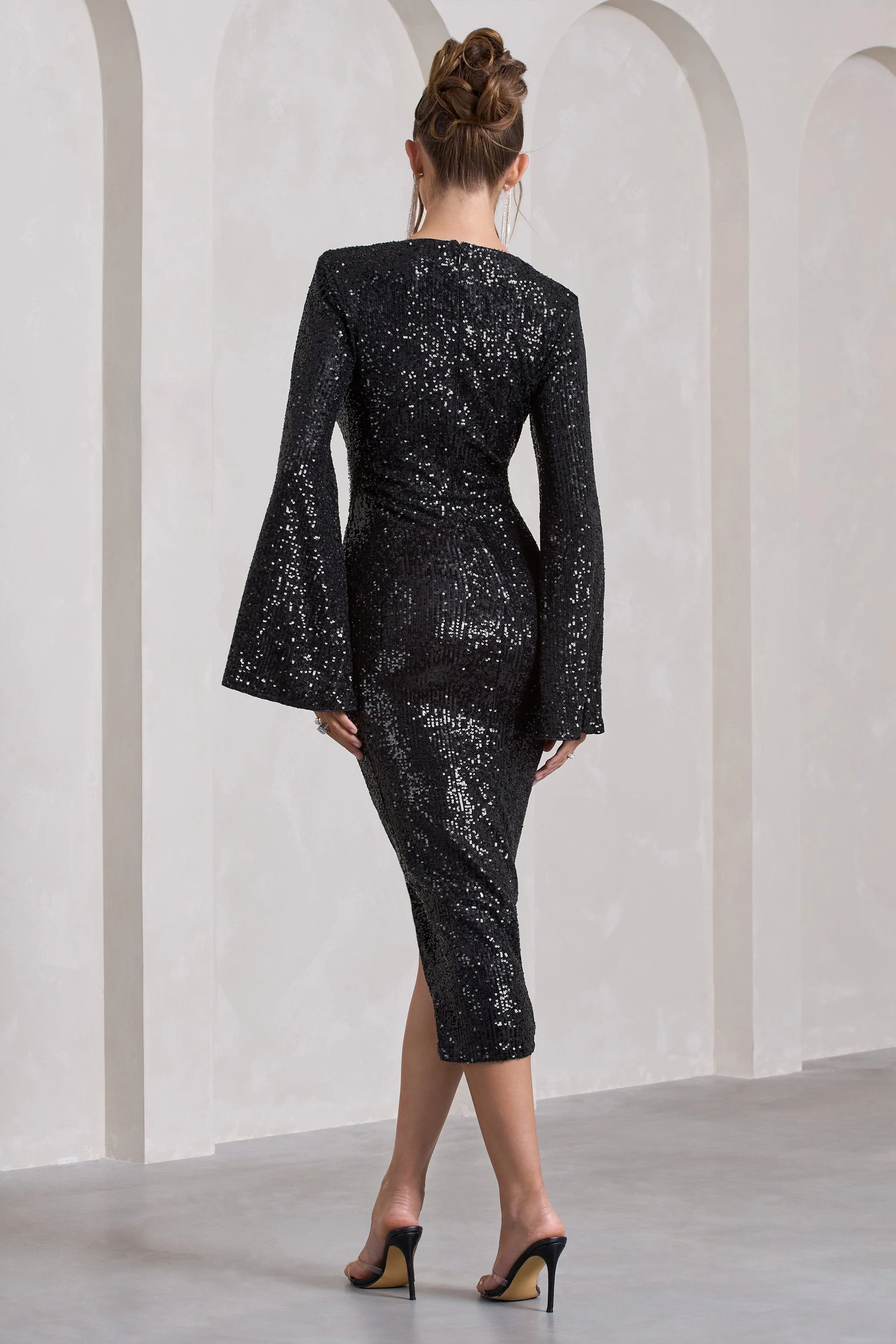 Amber | Black Sequin Plunge Wrap Midi Dress - Image 2