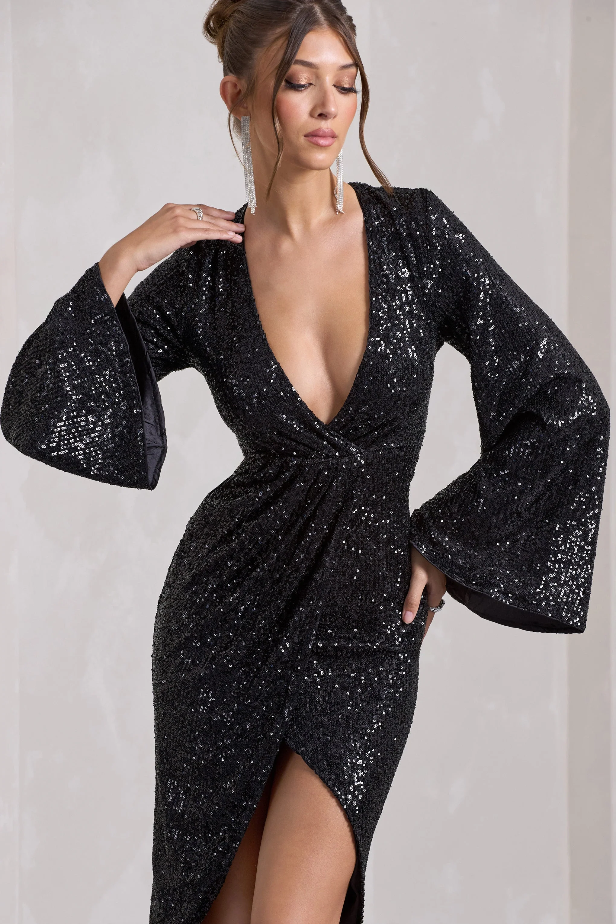 Amber | Black Sequin Plunge Wrap Midi Dress - Image 4