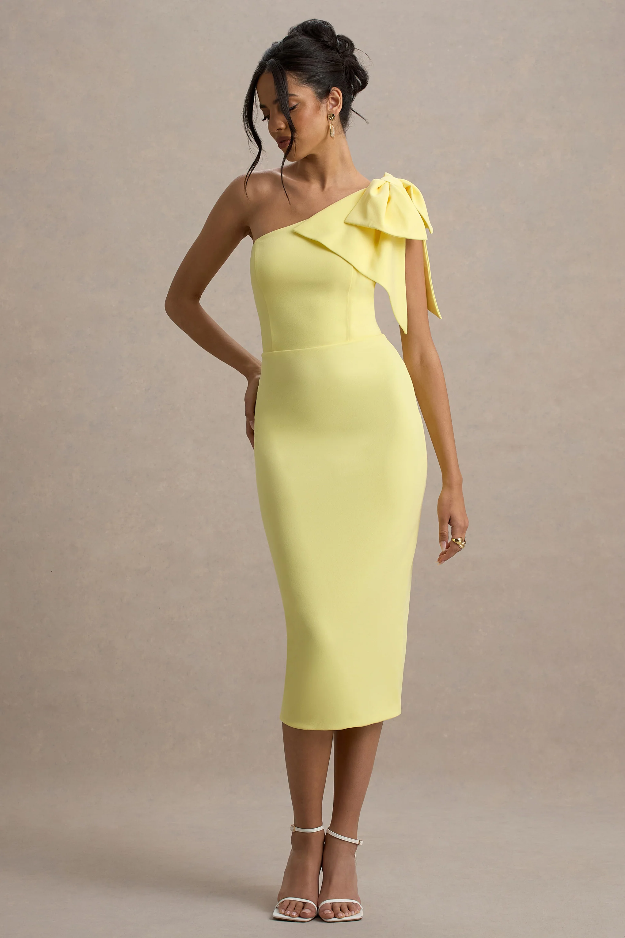 Ambretta | Lemon One-Shoulder Midi Dress With Bow - Image 3