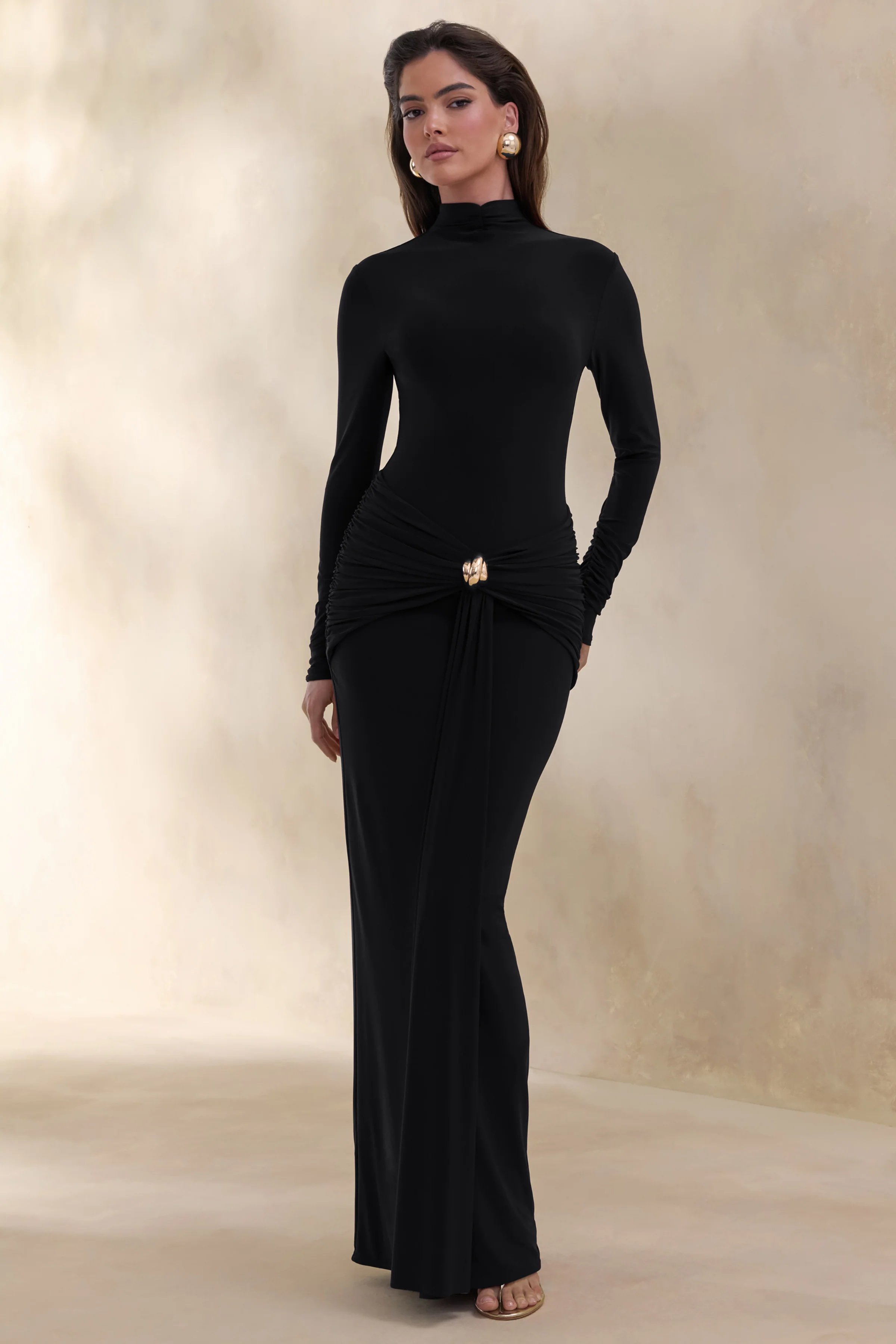 Ambrette | Black High-Neck Maxi Dress With Gathered-Detailing - Image 5