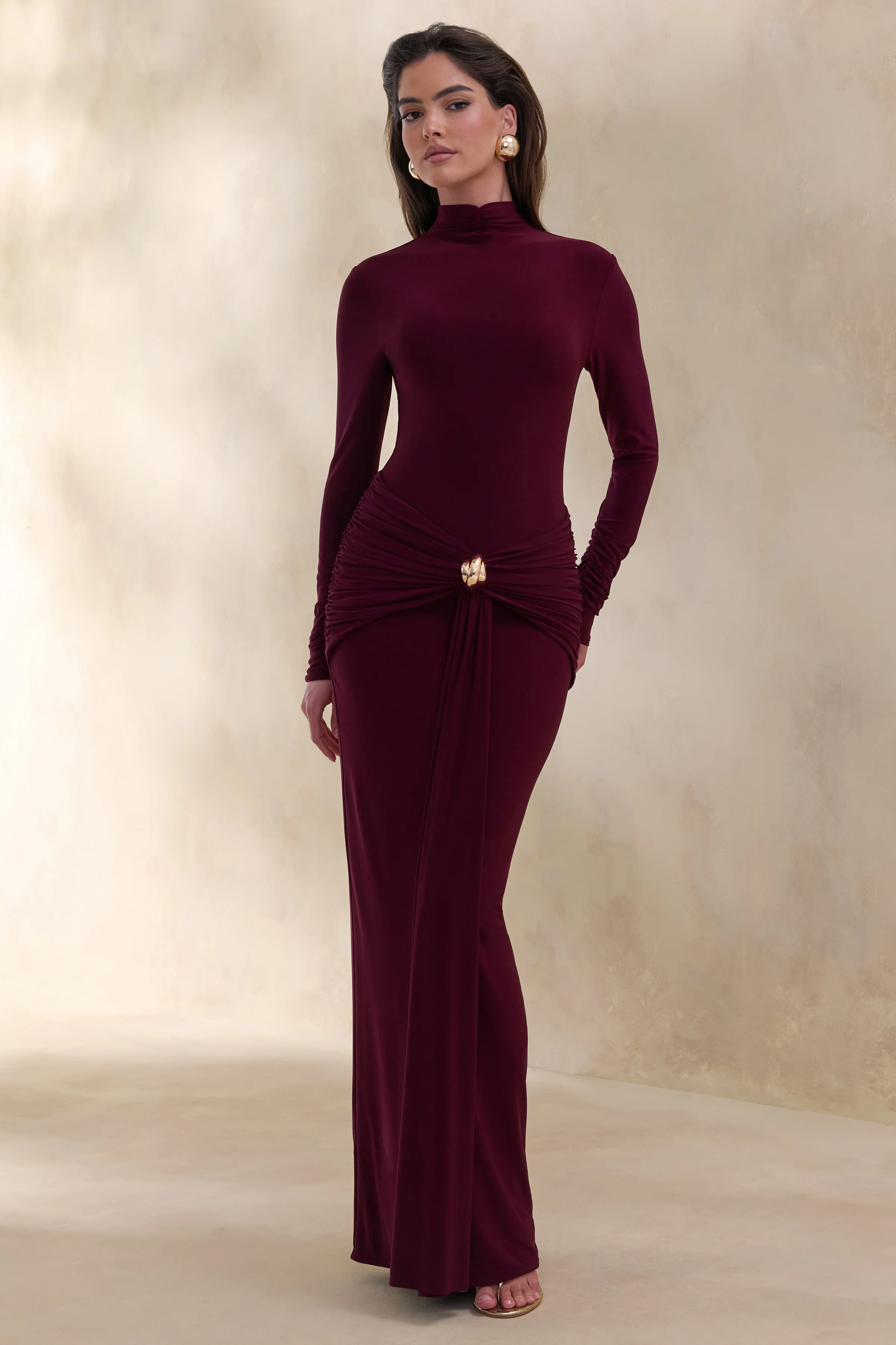 Ambrette | Dark Plum High-Neck Maxi Dress With Gathered-Detailing - Image 4