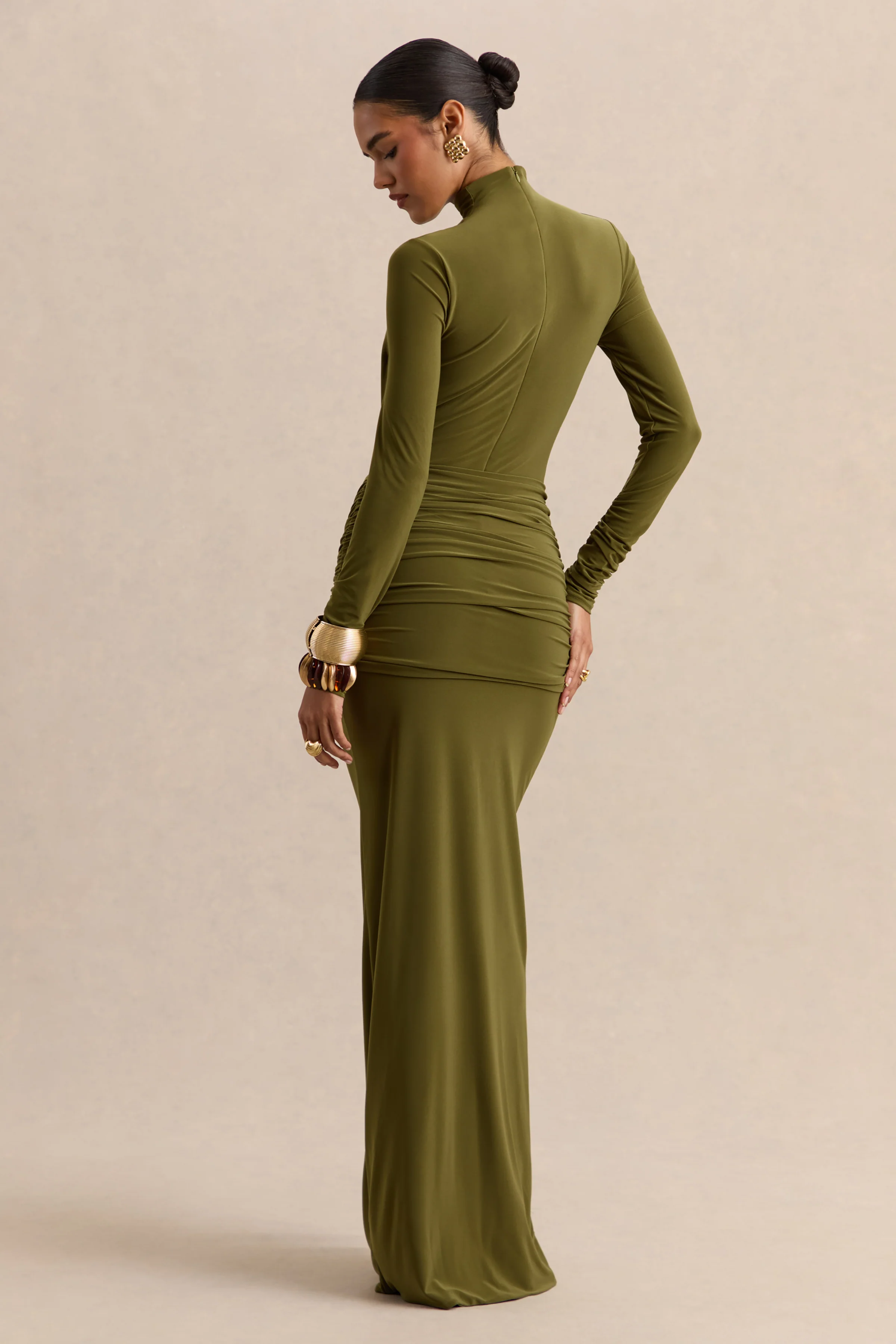 Ambrette | Olive High-Neck Maxi Dress With Gathered-Detailing - Image 2