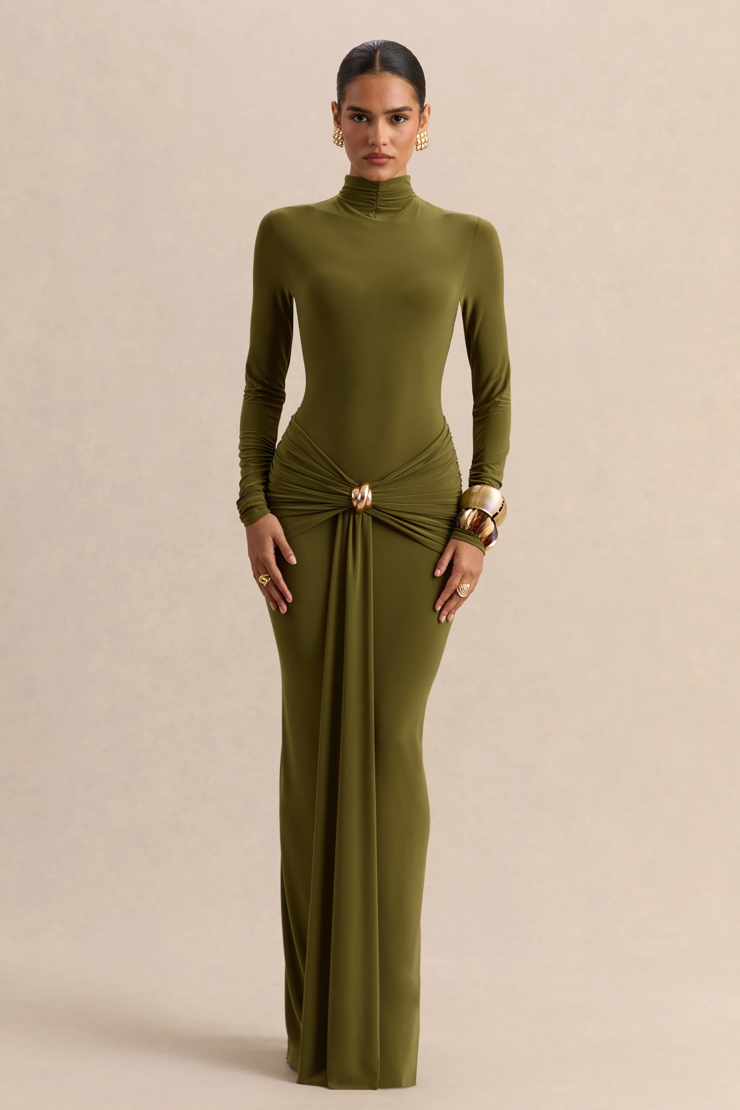 Ambrette | Olive High-Neck Maxi Dress With Gathered-Detailing - Image 4