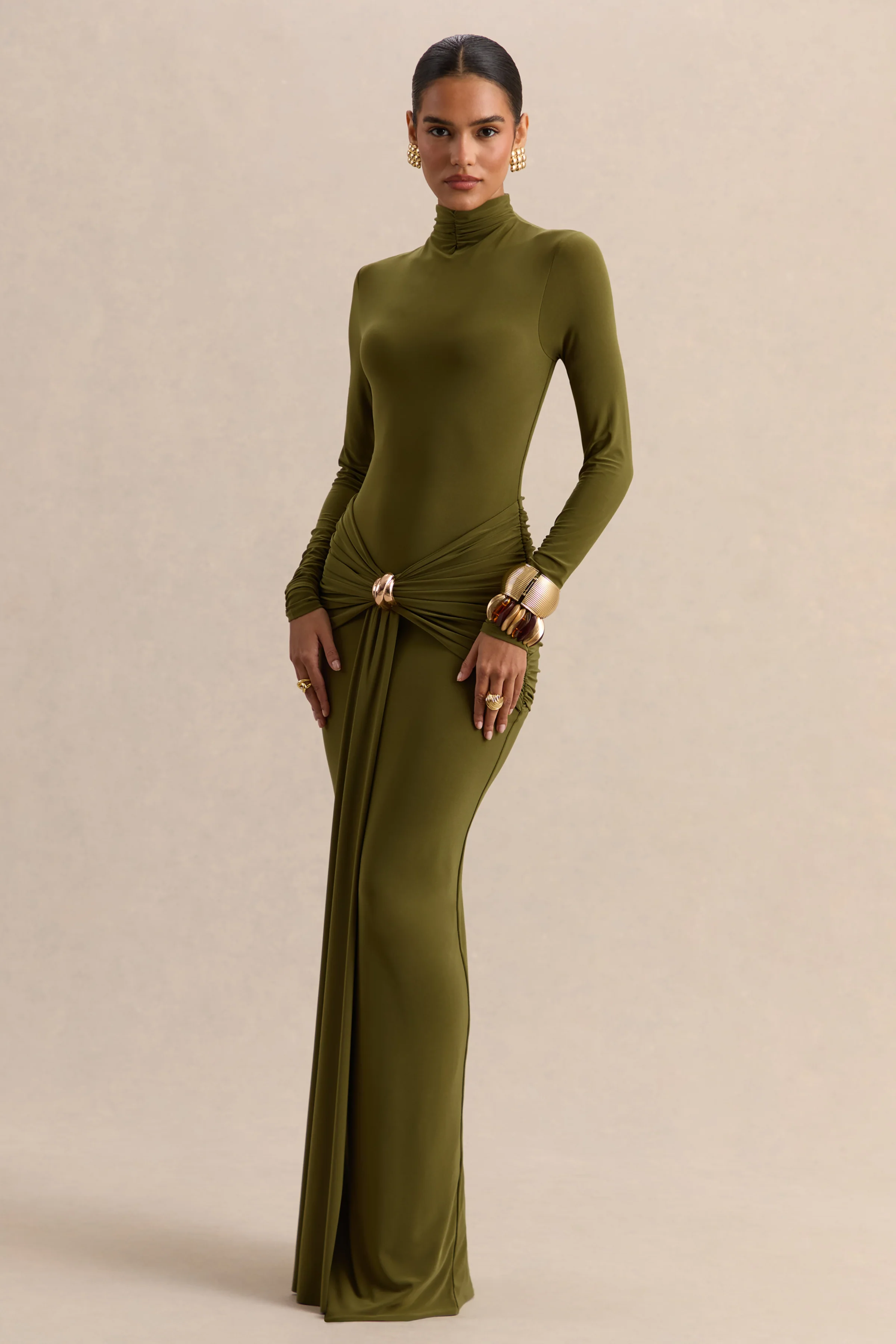 Ambrette | Olive High-Neck Maxi Dress With Gathered-Detailing - Image 6