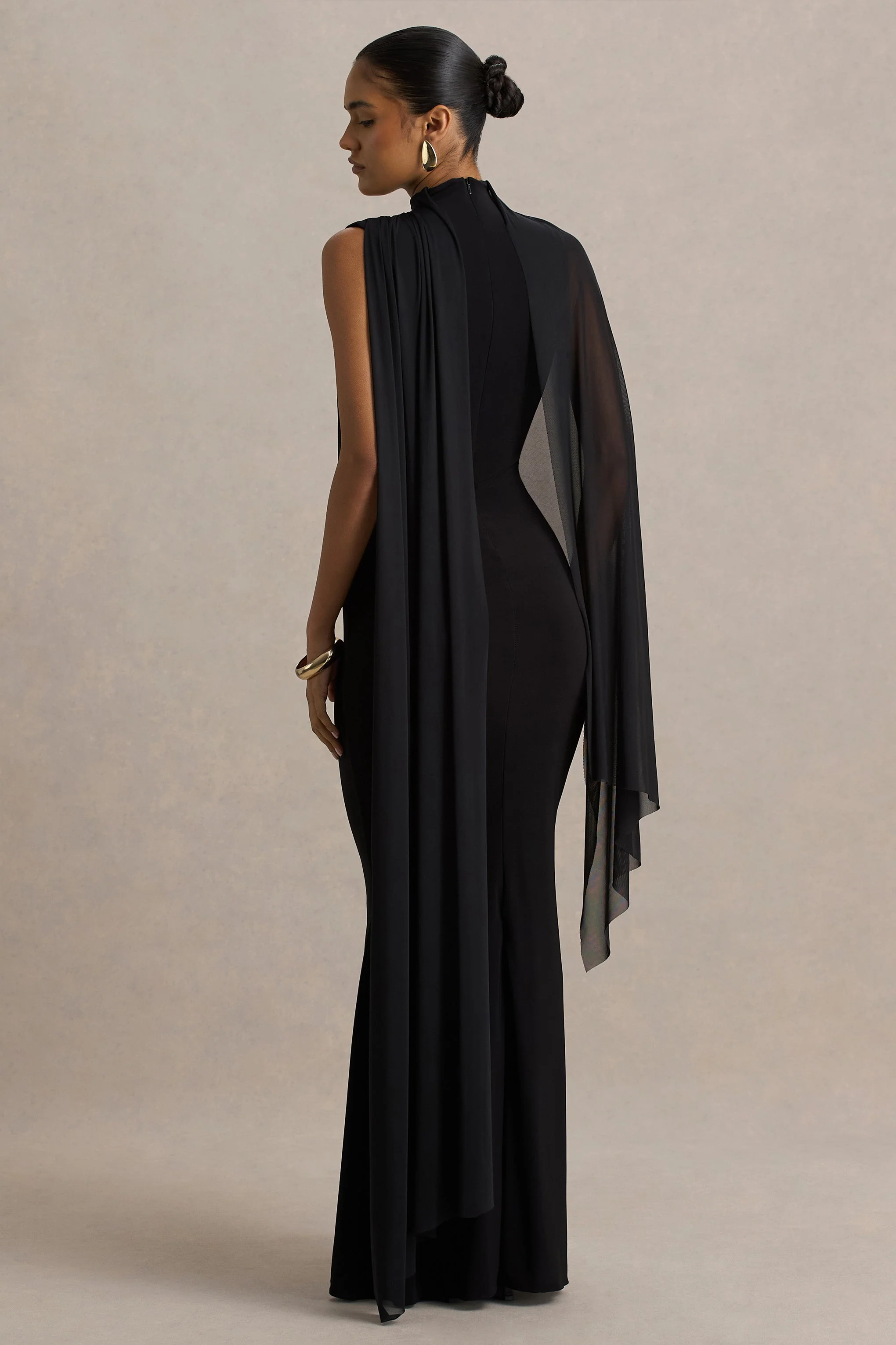 Amour | Black High-Neck Maxi Dress With Cape Sleeve Detail - Image 2
