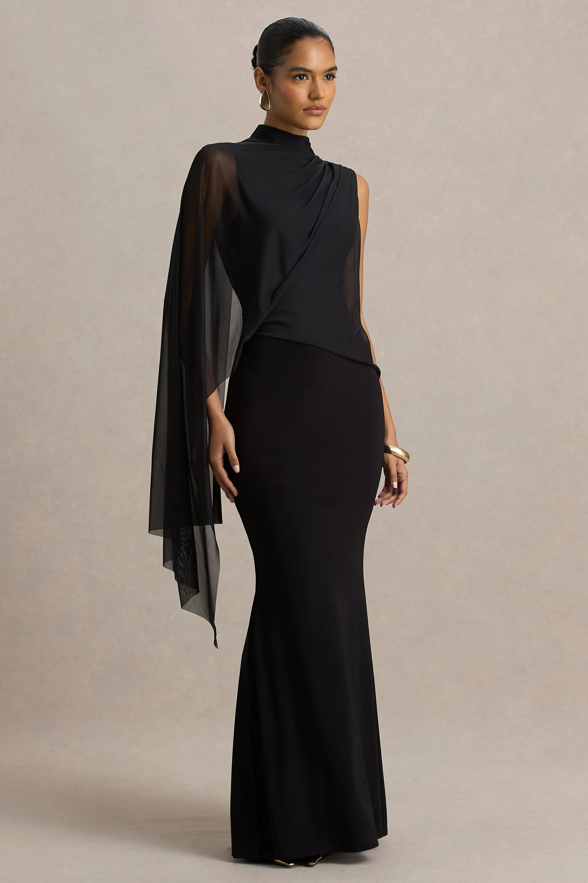 Amour | Black High-Neck Maxi Dress With Cape Sleeve Detail - Image 5