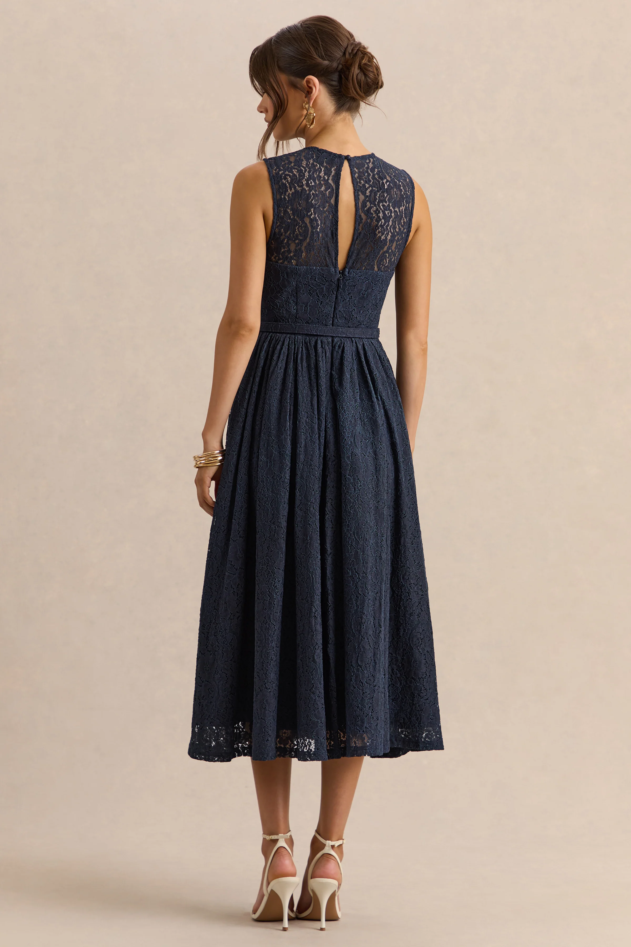 Anabella | Navy Lace Crew-Neck Belted Midi-Dress - Image 2