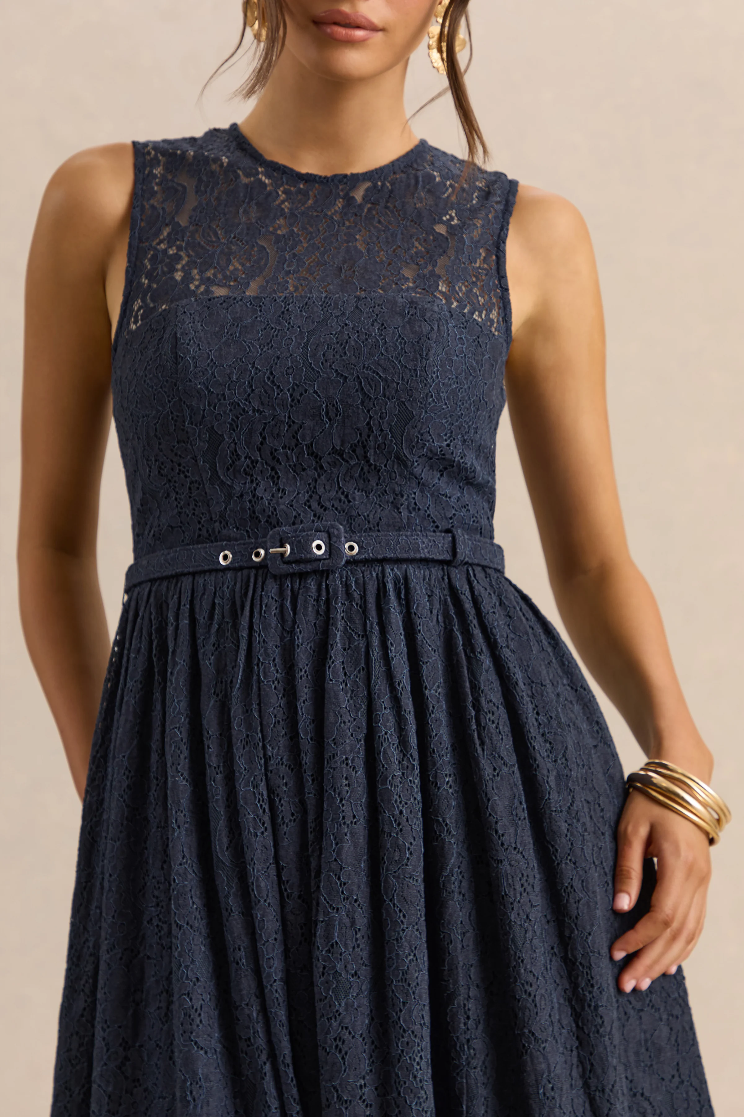 Anabella | Navy Lace Crew-Neck Belted Midi-Dress - Image 7