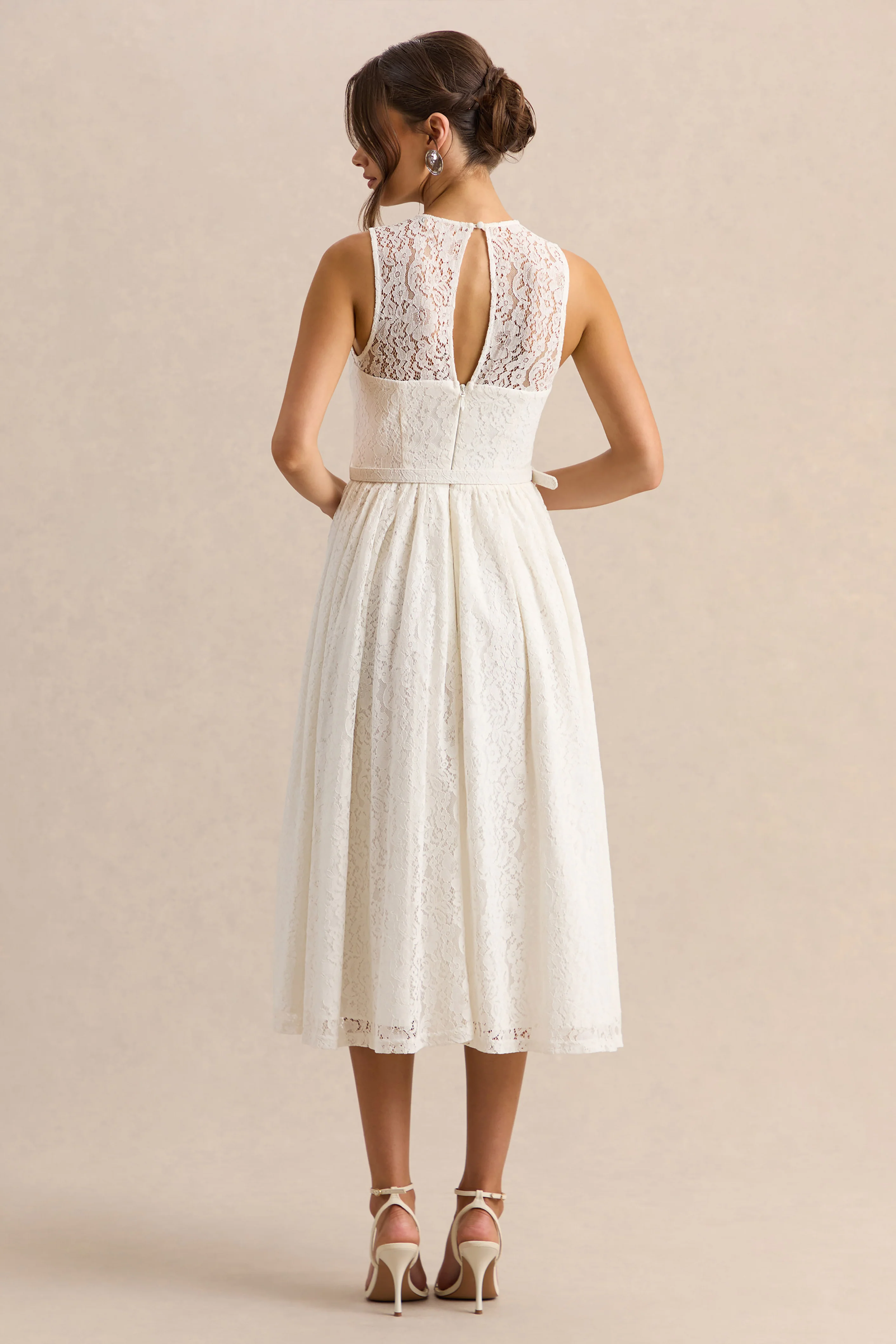 Anabella | White Lace Crew-Neck Belted Midi-Dress - Image 2