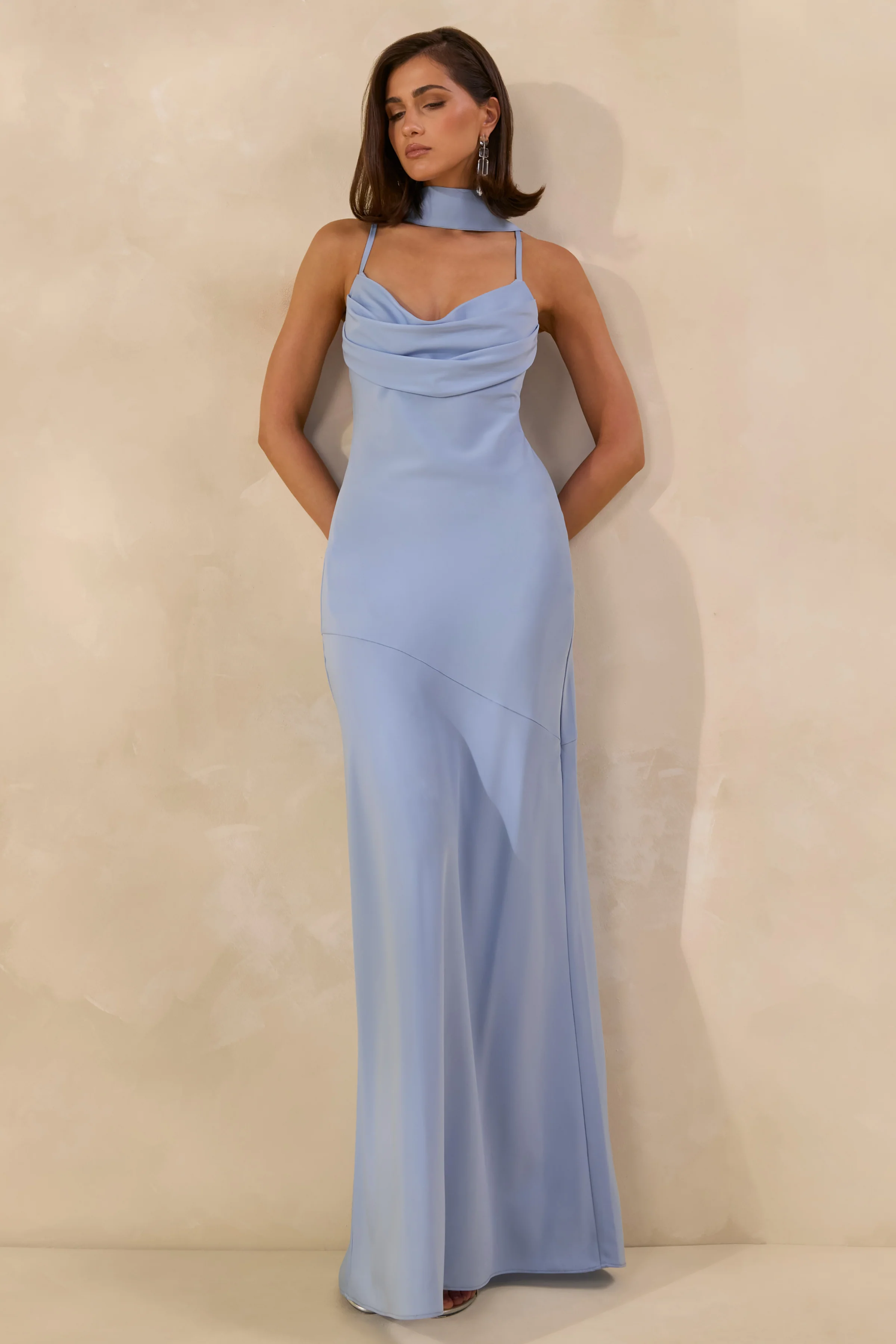 Anarelle | Powder Blue Satin Cowl-Neck Maxi Dress - Image 7
