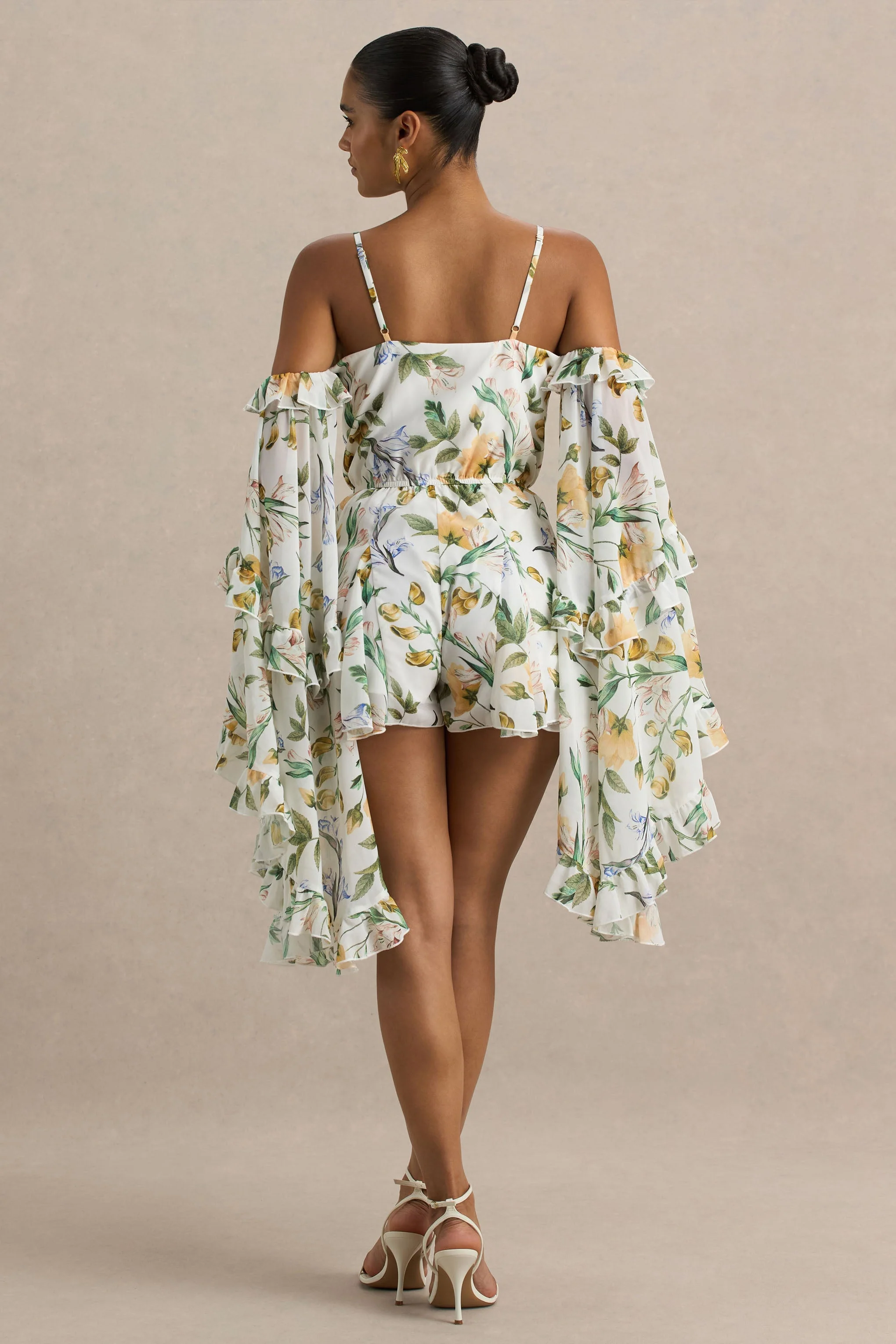 Anaya | Lemon Floral Print Chiffon Playsuit With Long Sleeves - Image 2