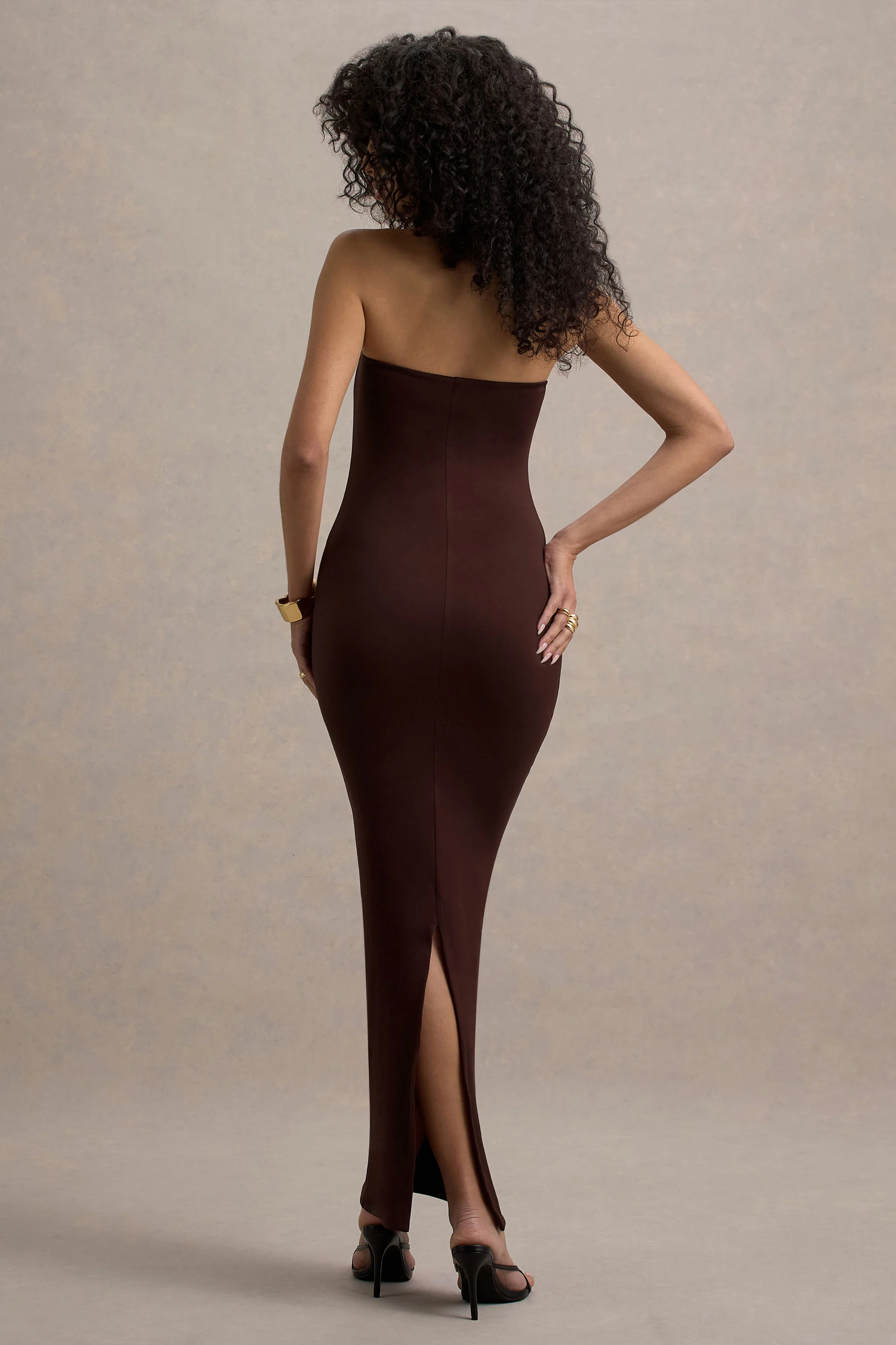 Angelie | Brown Bandeau Bodycon Maxi Dress - Image 2