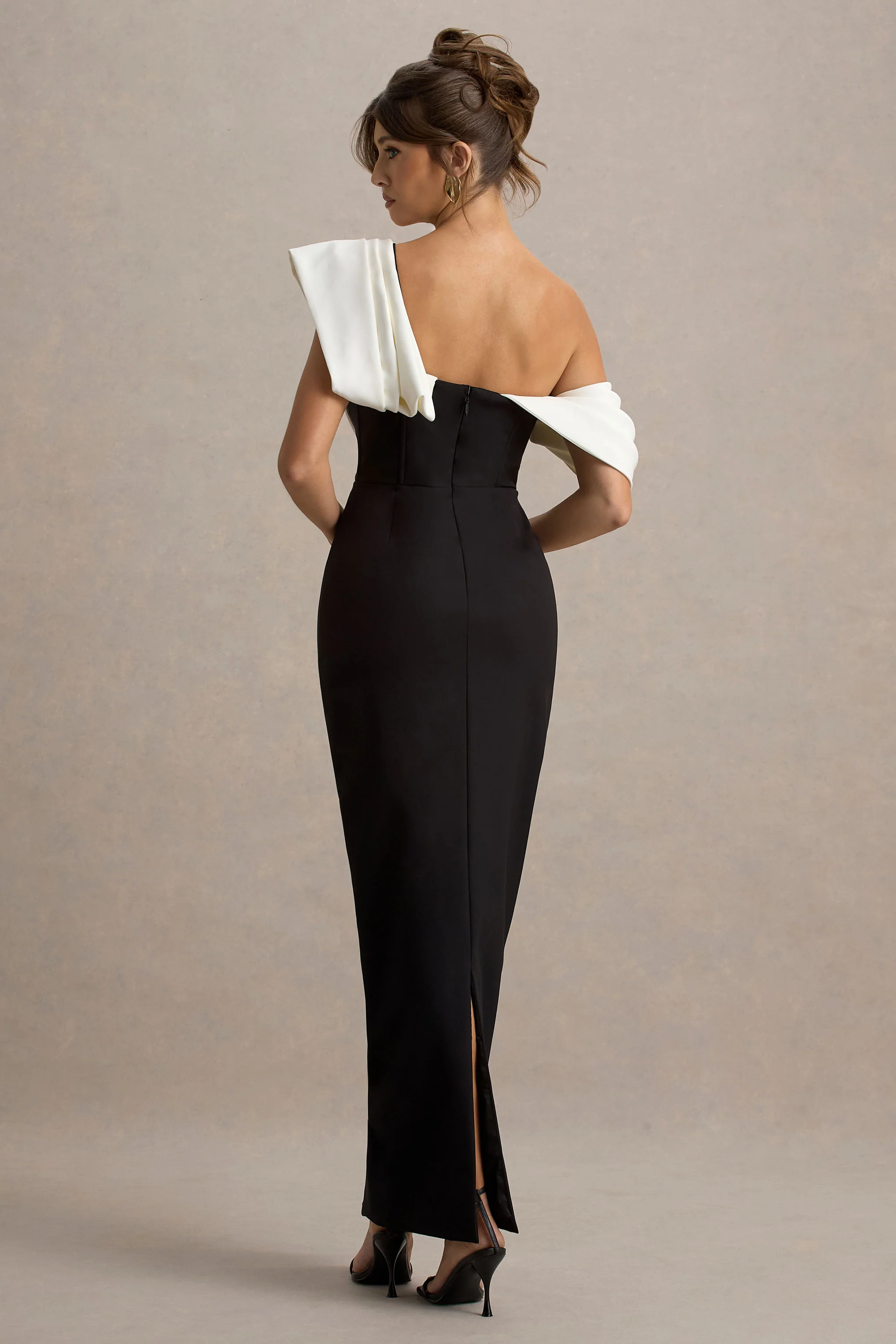 Angelina | Black & White Draped Shoulder Maxi Dress - Image 2