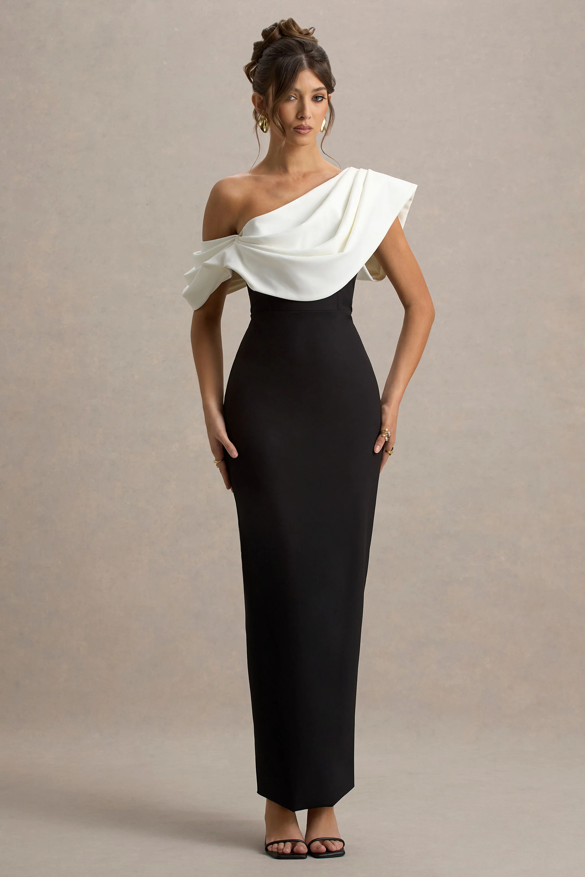 Angelina | Black & White Draped Shoulder Maxi Dress - Image 4