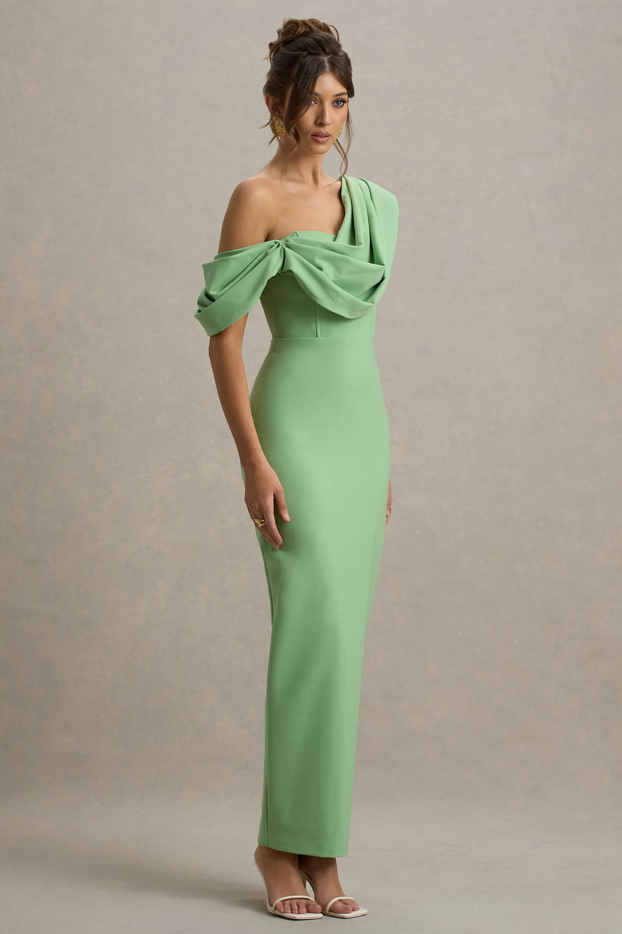 Angelina | Green Draped Shoulder Maxi Dress - Image 4