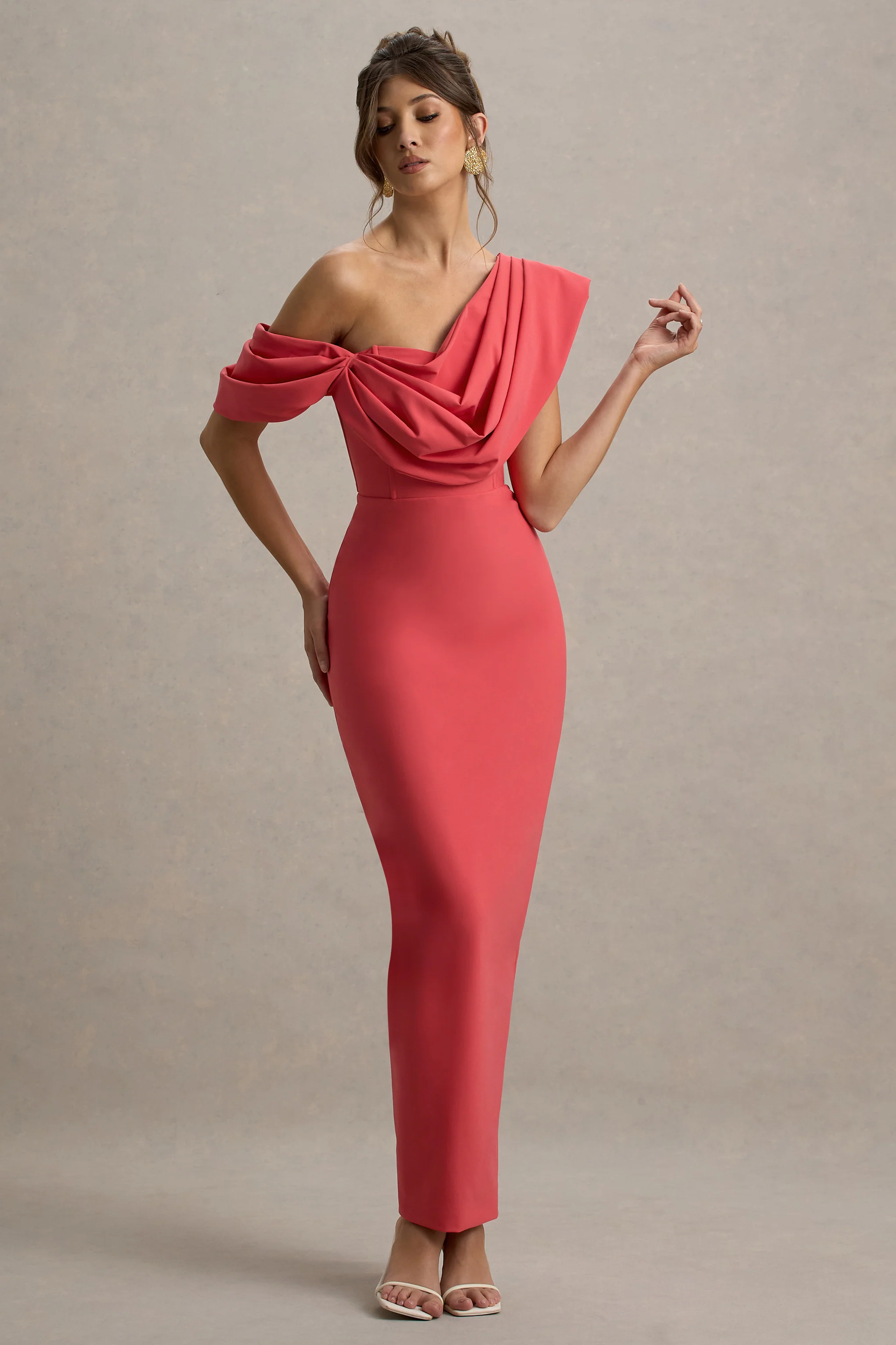 Angelina | Pink Draped Shoulder Maxi Dress - Image 4