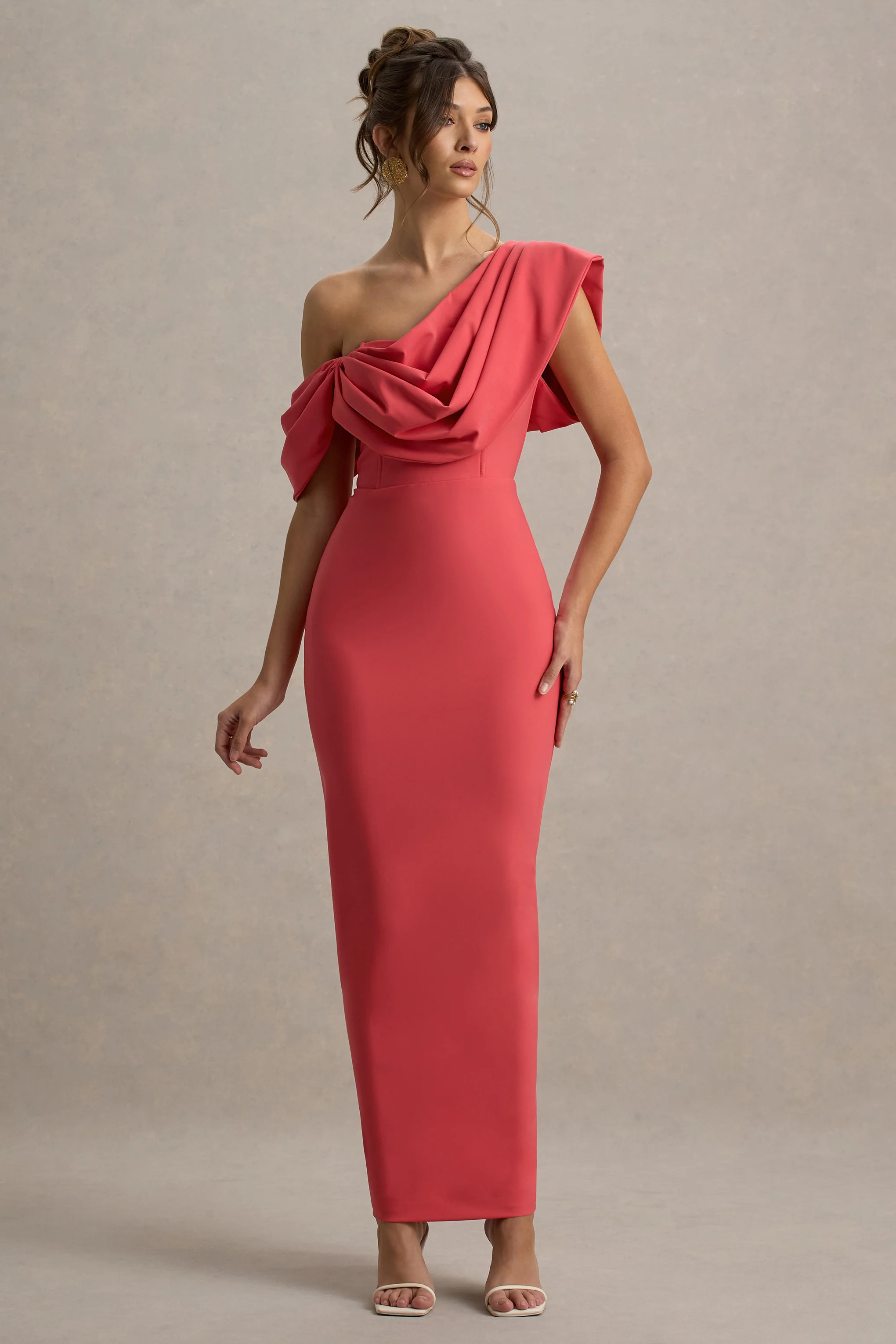 Angelina | Pink Draped Shoulder Maxi Dress - Image 5