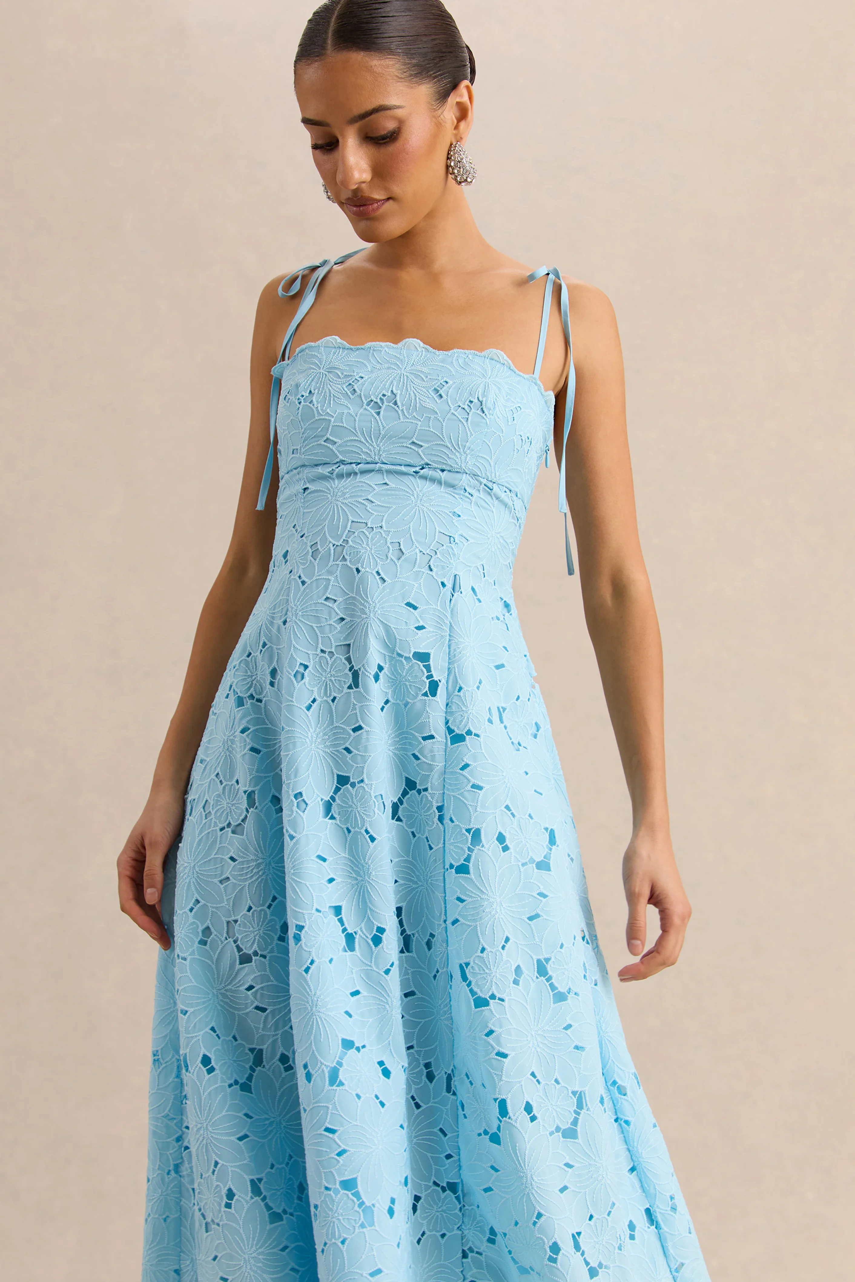 Anna | Embroidered Powder Blue Square-Neck Midi Dress - Image 3
