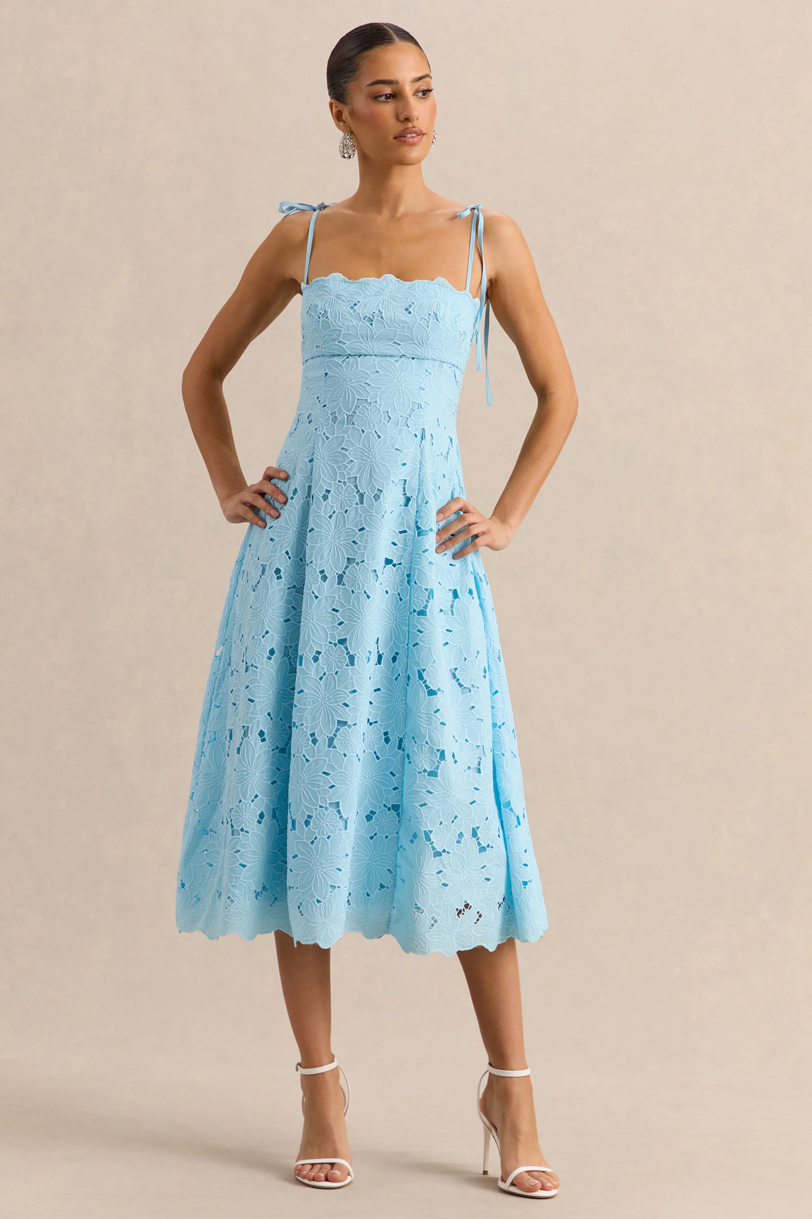 Anna | Embroidered Powder Blue Square-Neck Midi Dress - Image 4