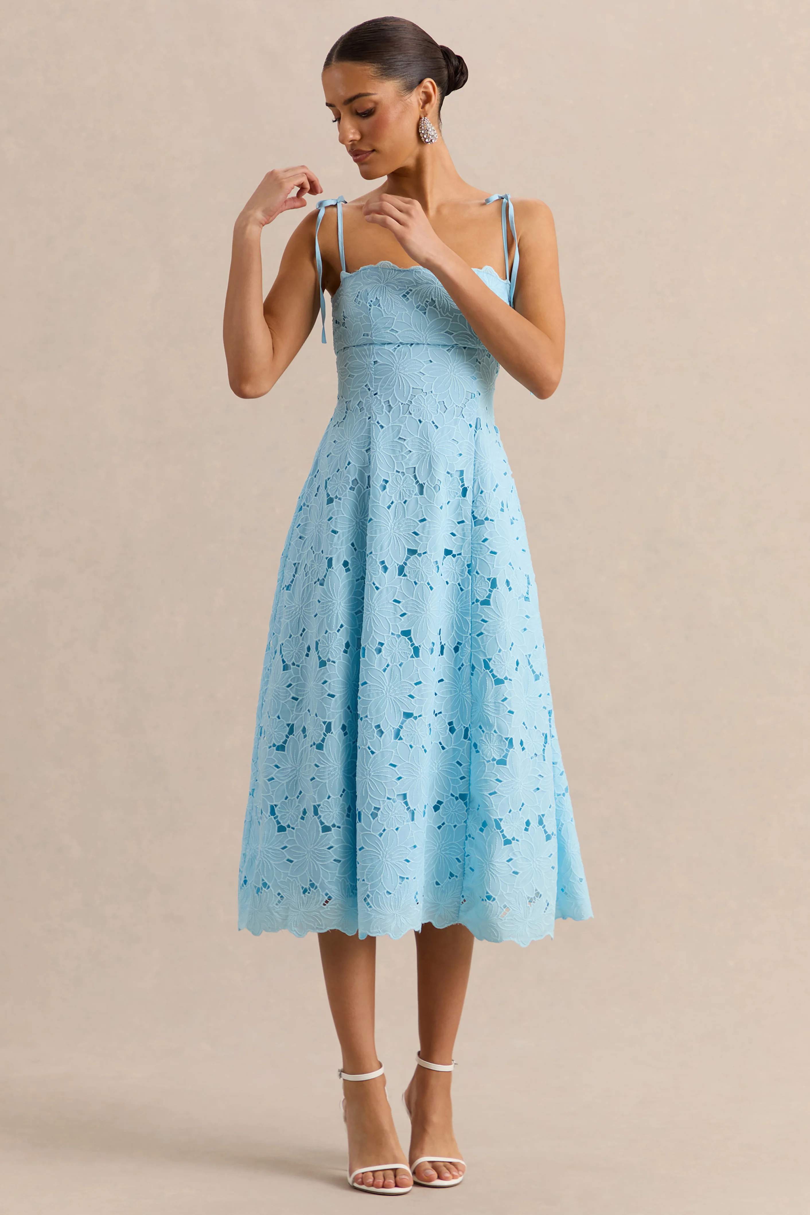 Anna | Embroidered Powder Blue Square-Neck Midi Dress - Image 5